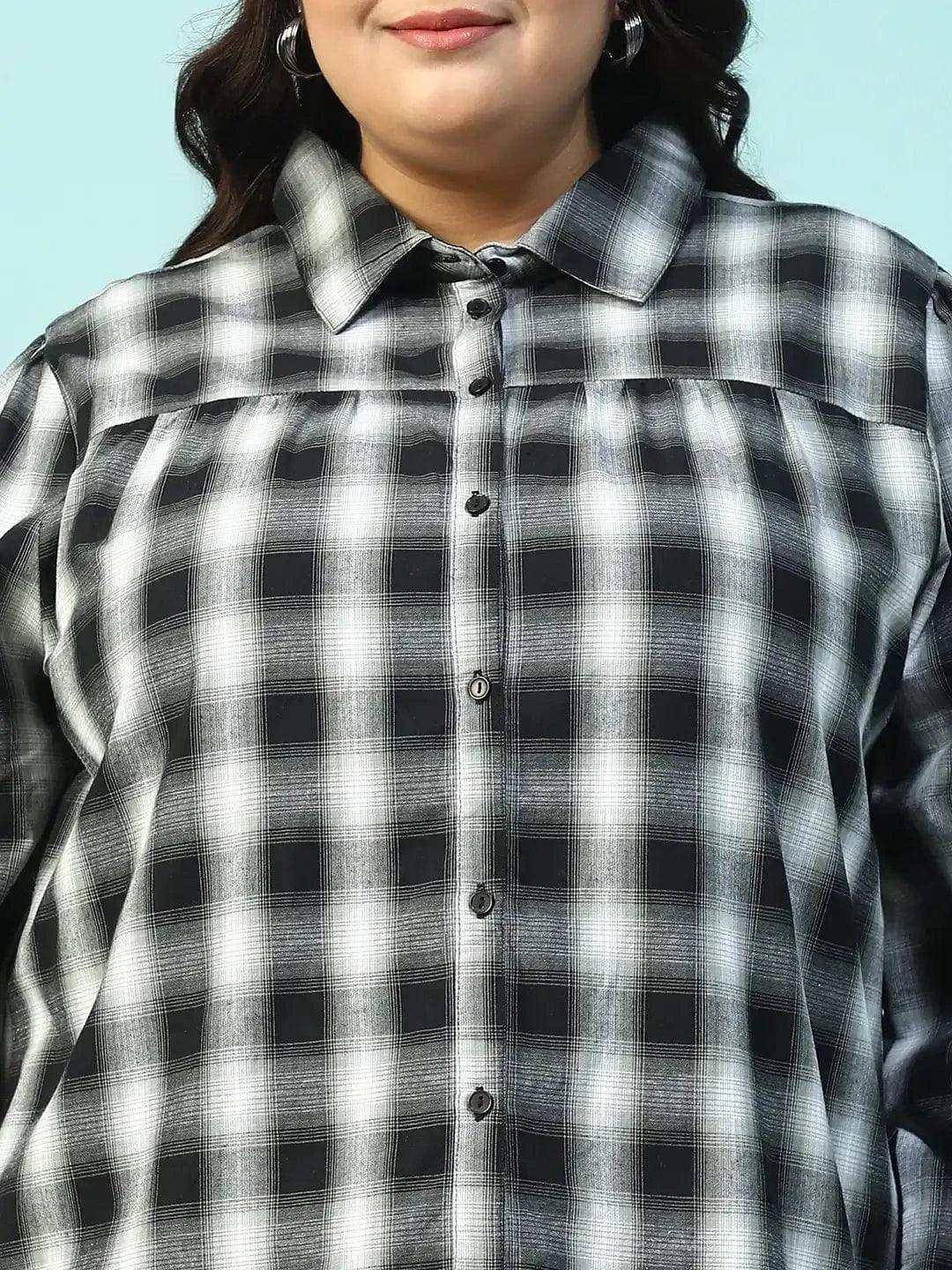 Dusky Black Yarn-Dyed Check Print Collared Long Sleeve Button Down Plus Size Women Cotton Shirt - Image 6