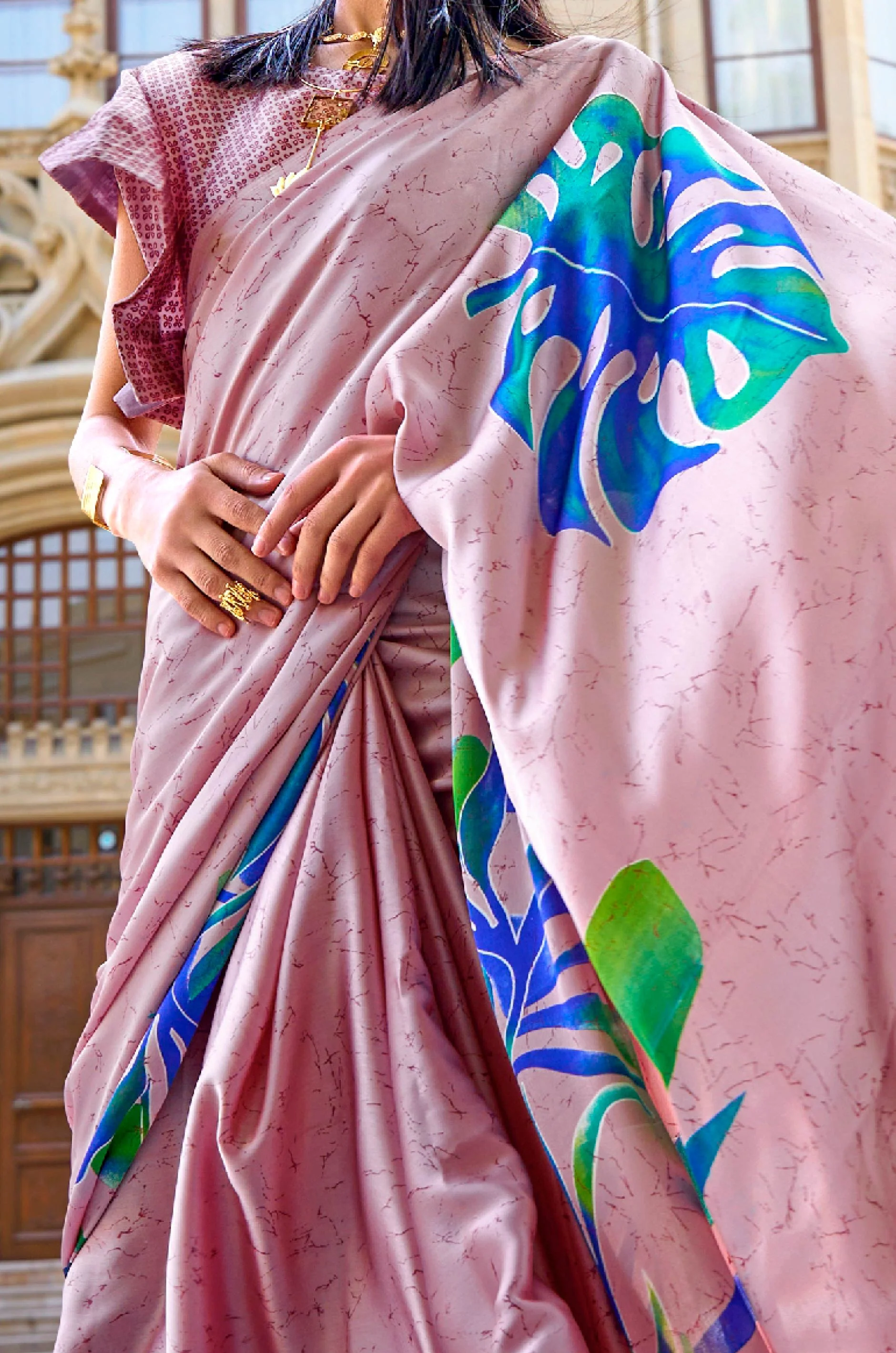 Dusty Pink Digital Print Satin Crepe Saree - Image 3