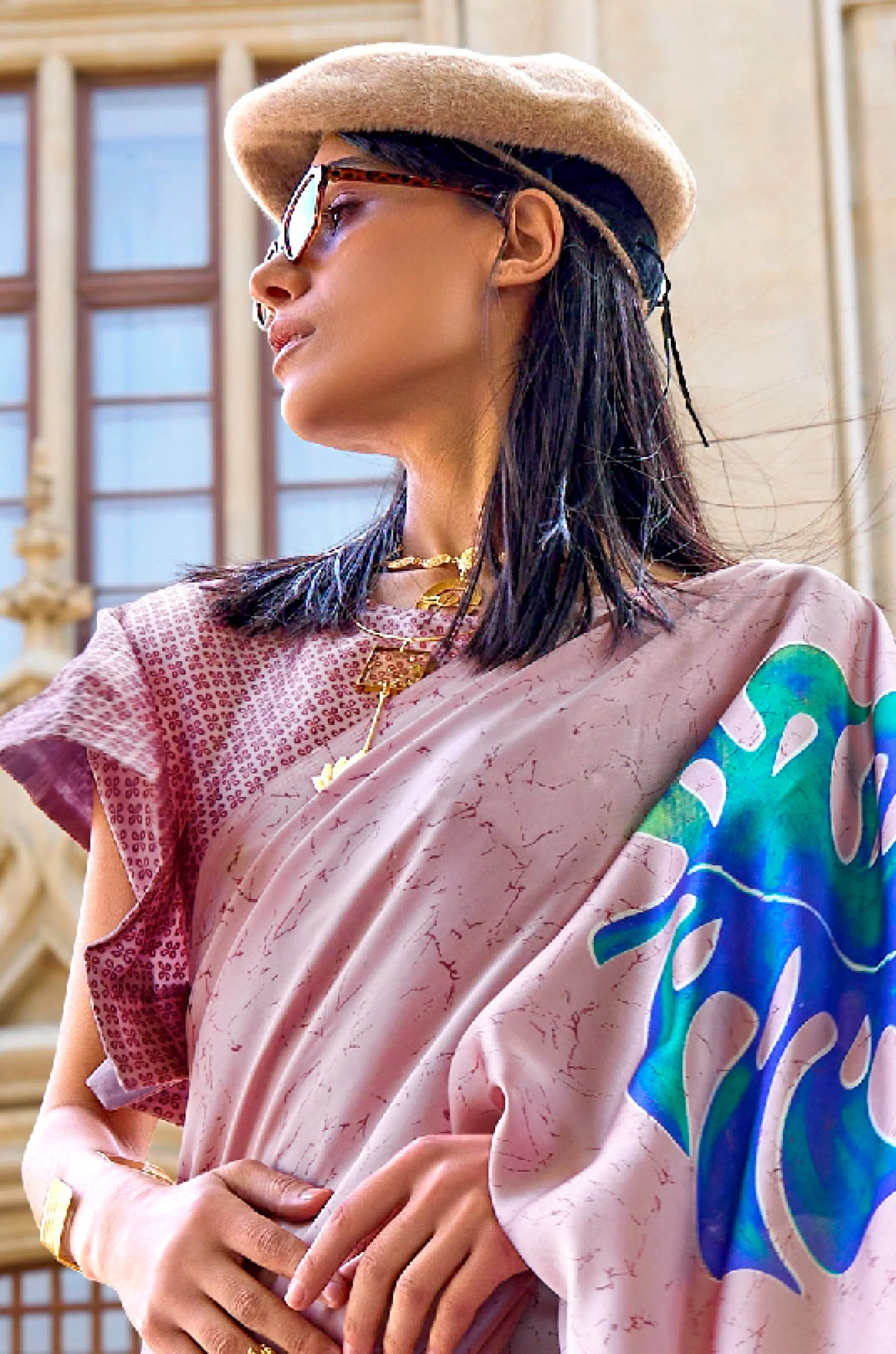 Dusty Pink Digital Print Satin Crepe Saree - Image 4