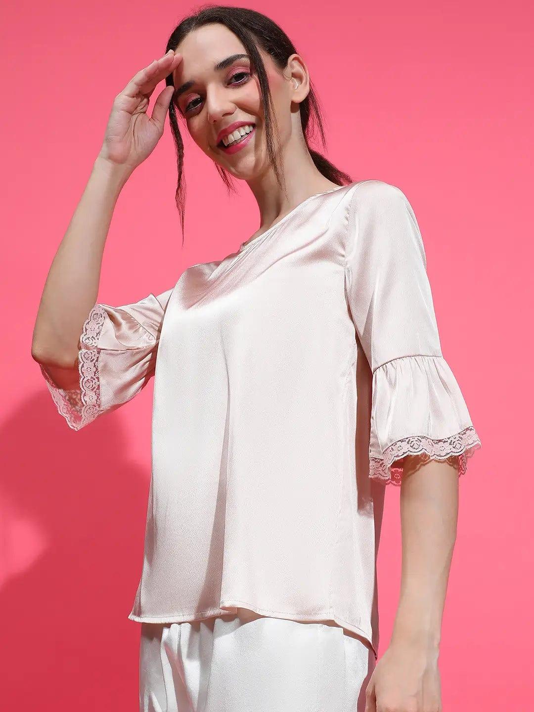 Easy Light Pink Lace Detail Nightwear Satin Women Top - Image 3
