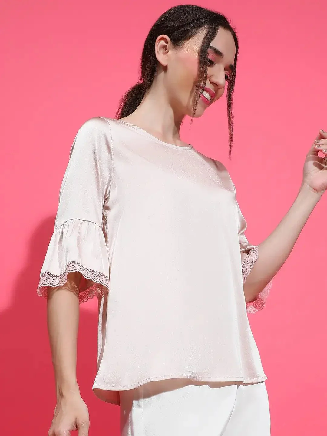 Easy Light Pink Lace Detail Nightwear Satin Women Top - Image 4