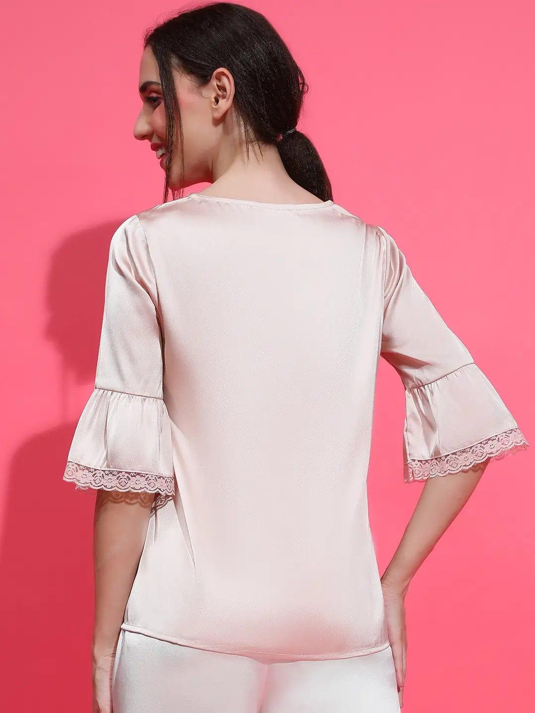 Easy Light Pink Lace Detail Nightwear Satin Women Top - Image 5