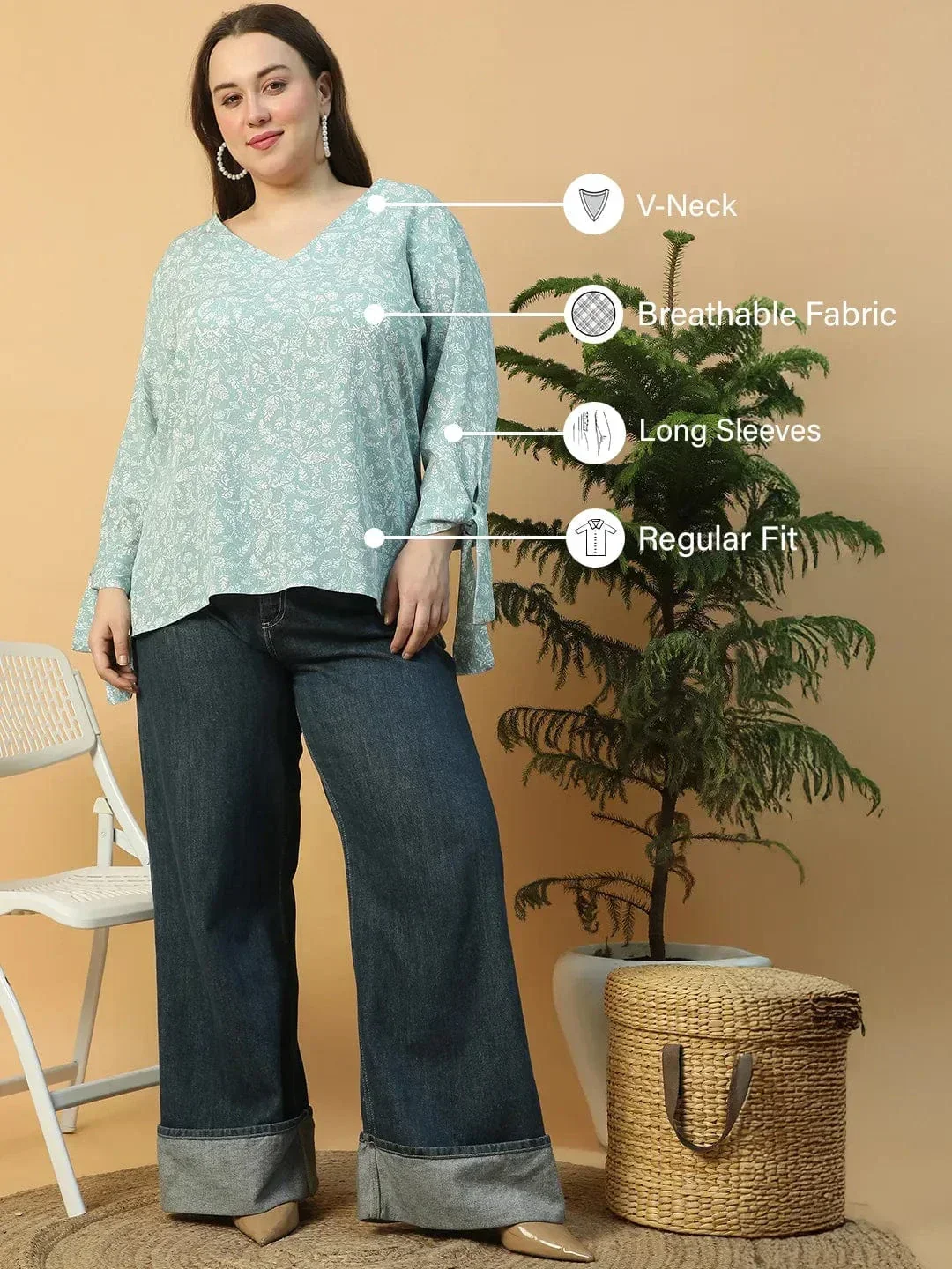 Eccentric Blue Floral Print Long Sleeve With Tie-up Detail Plus Size WomenTop - Image 2