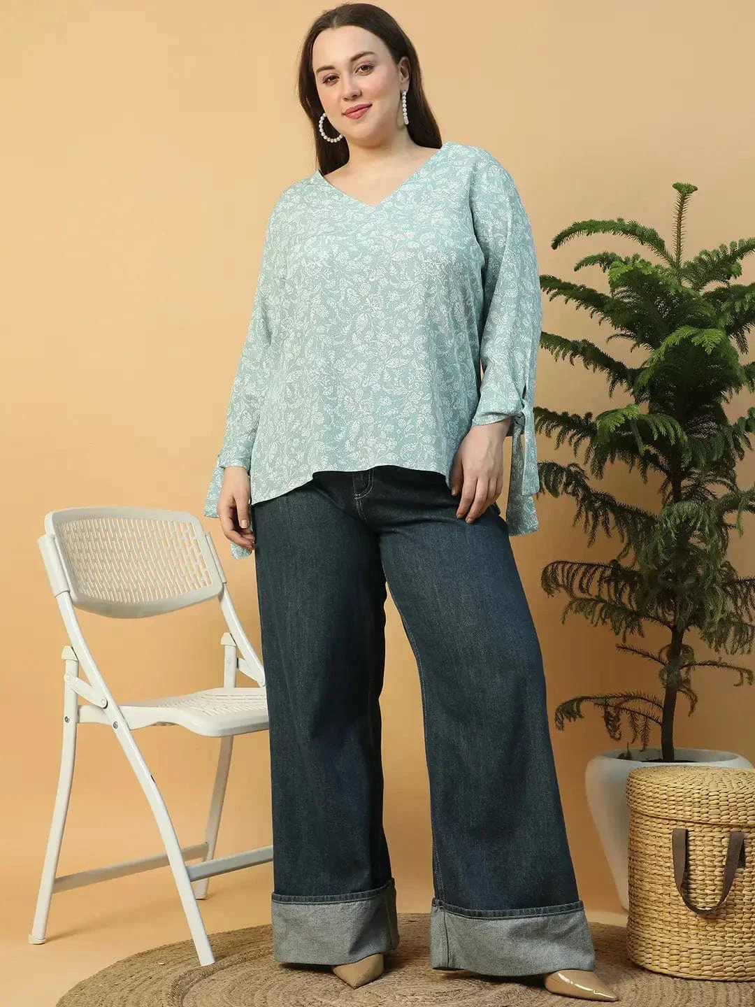 Eccentric Blue Floral Print Long Sleeve With Tie-up Detail Plus Size WomenTop - Image 3