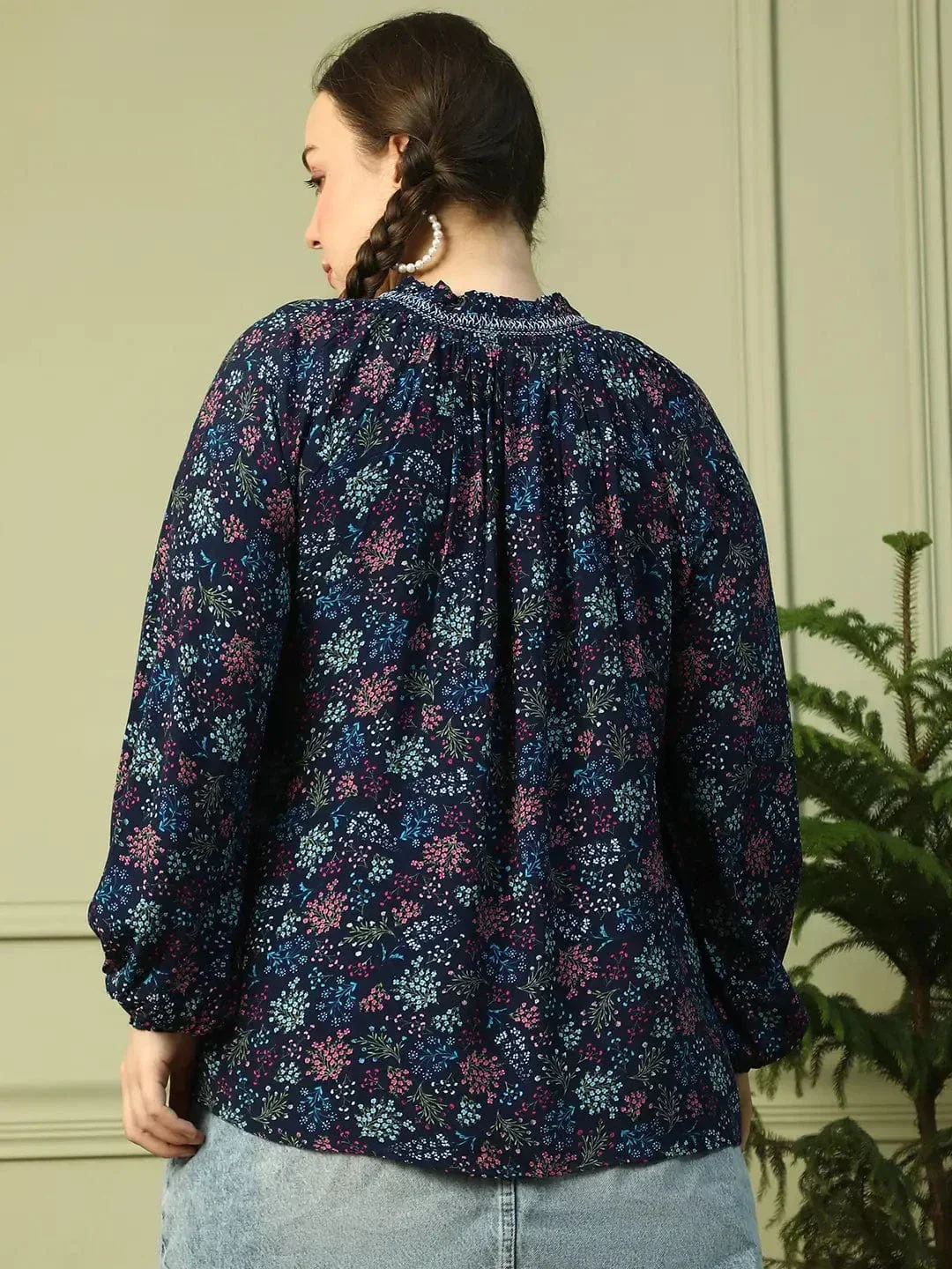 Eclat Navy Blue Floral Print Long Sleeve Smocking Detail Plus Size Women Top - Image 5