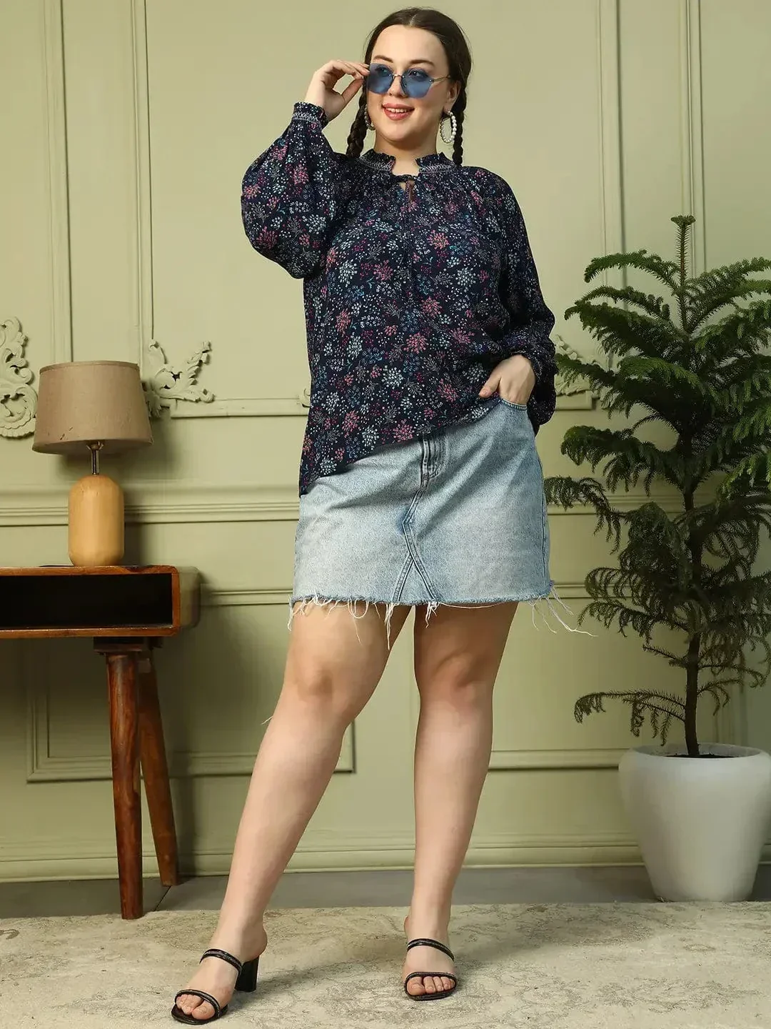 Eclat Navy Blue Floral Print Long Sleeve Smocking Detail Plus Size Women Top - Image 7