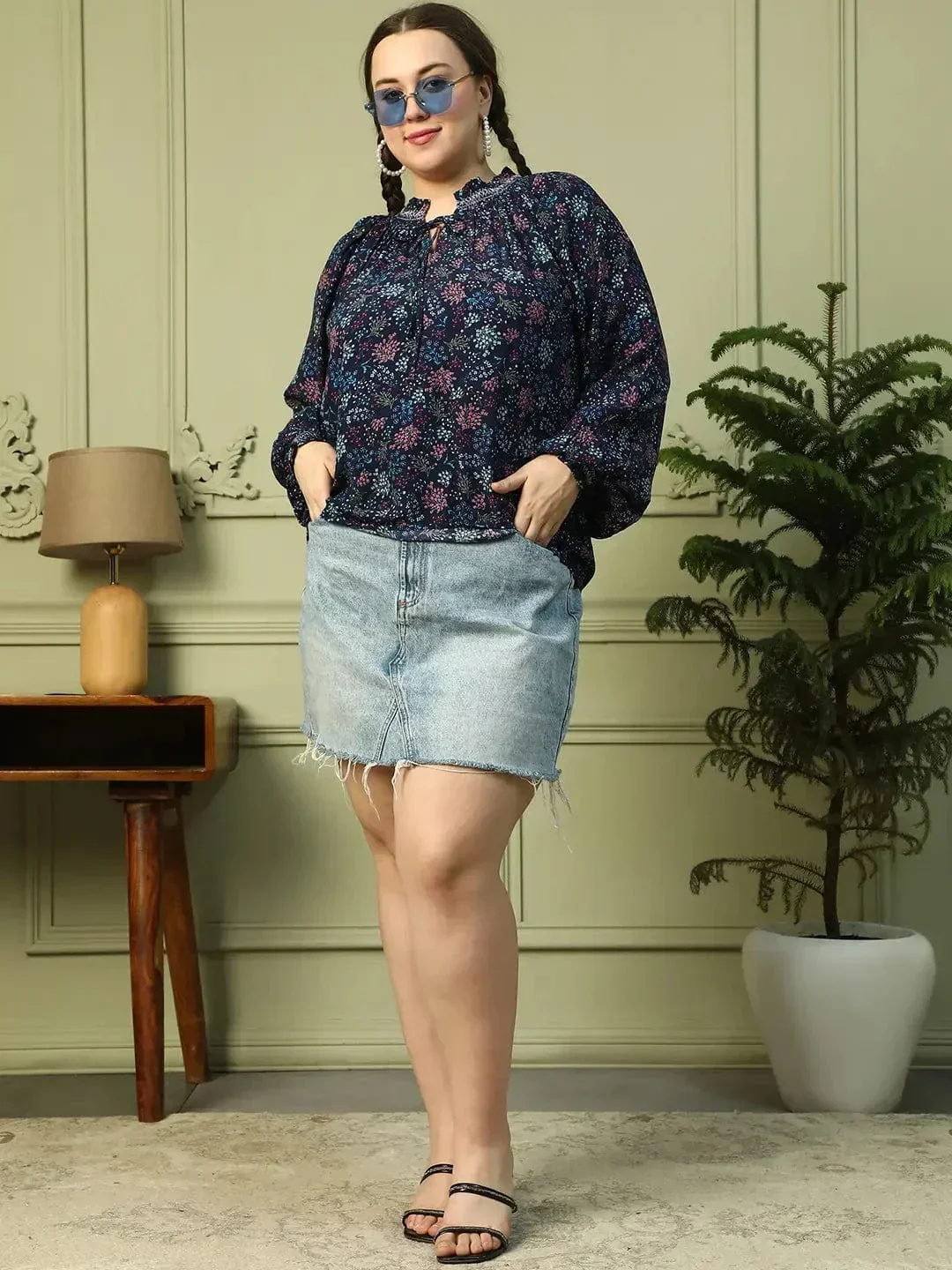 Eclat Navy Blue Floral Print Long Sleeve Smocking Detail Plus Size Women Top - Image 8