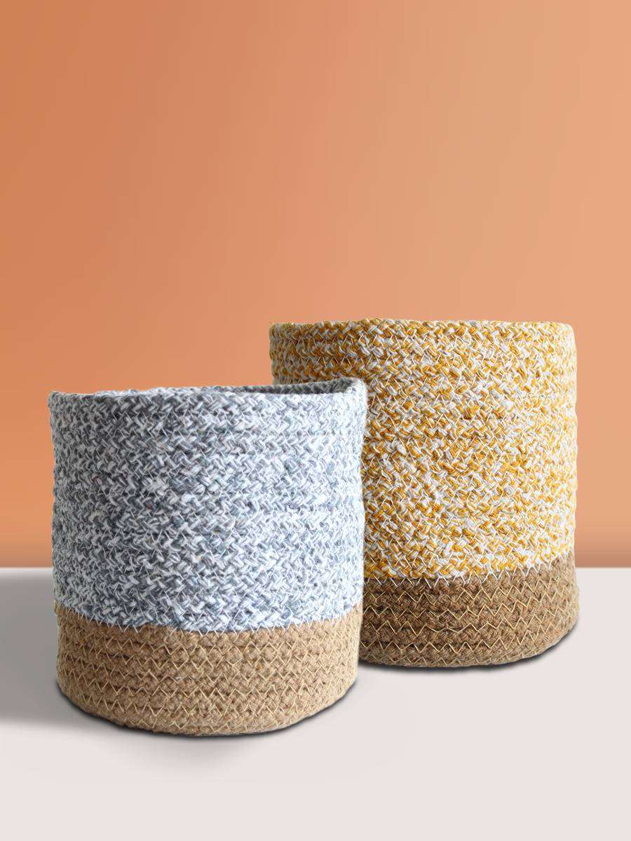 Eco-friendly Mustard Yellow & Pebble Grey Cotton Planters - Medium (Set of 2)