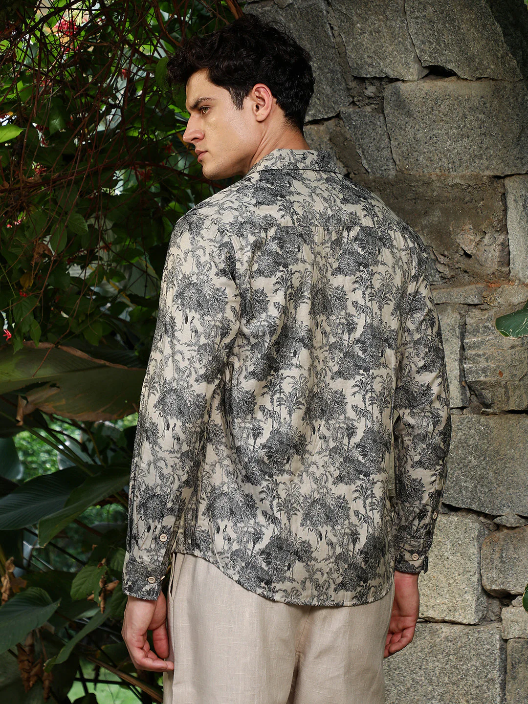 Ecru Beige & Charcoal Black Safari-Forest Jacquard Shirt - Image 4