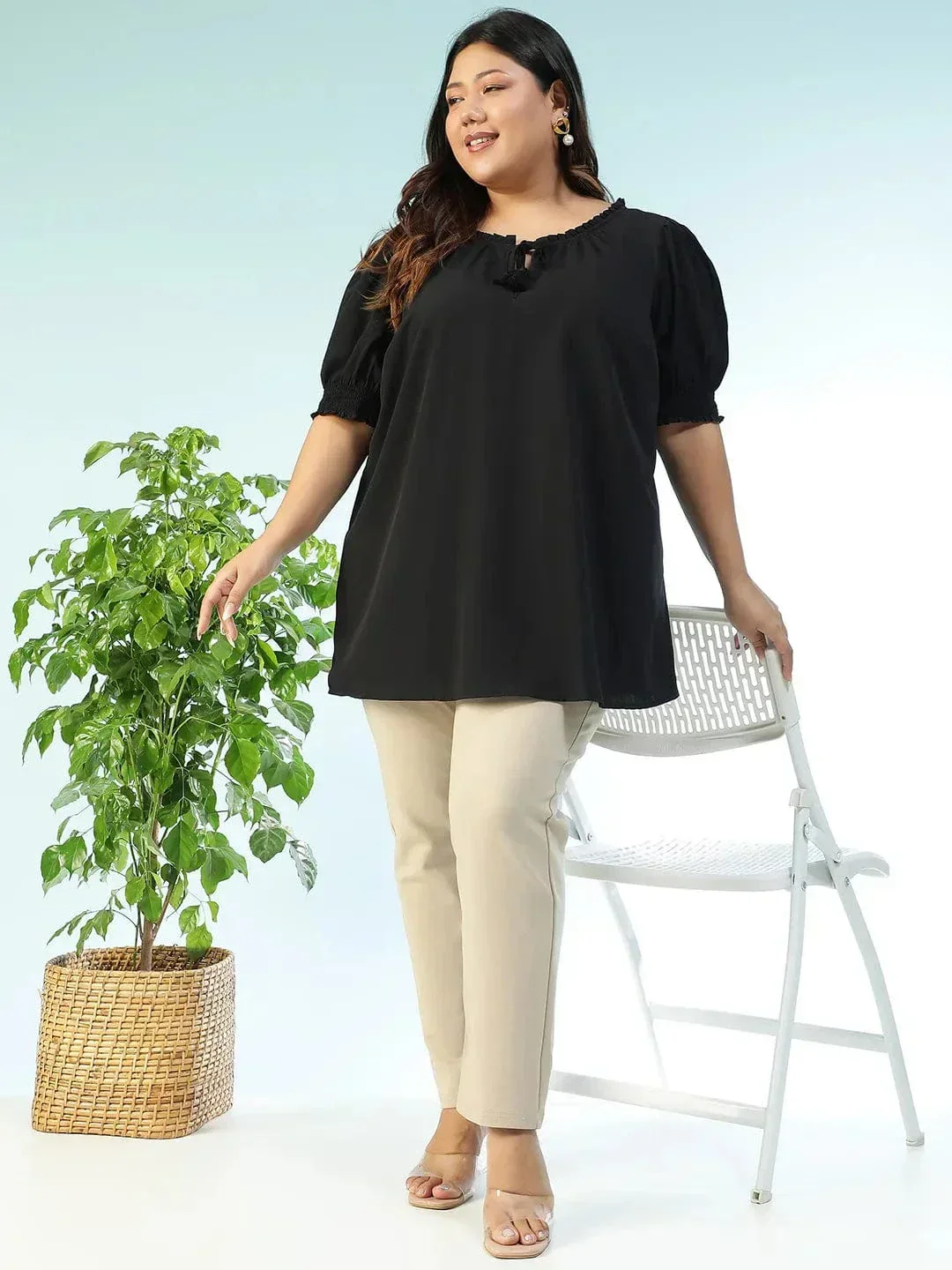 Edgefit Black Ruffle & Tie -Up Detail Short Sleeve Plus Size Women Top - Image 2
