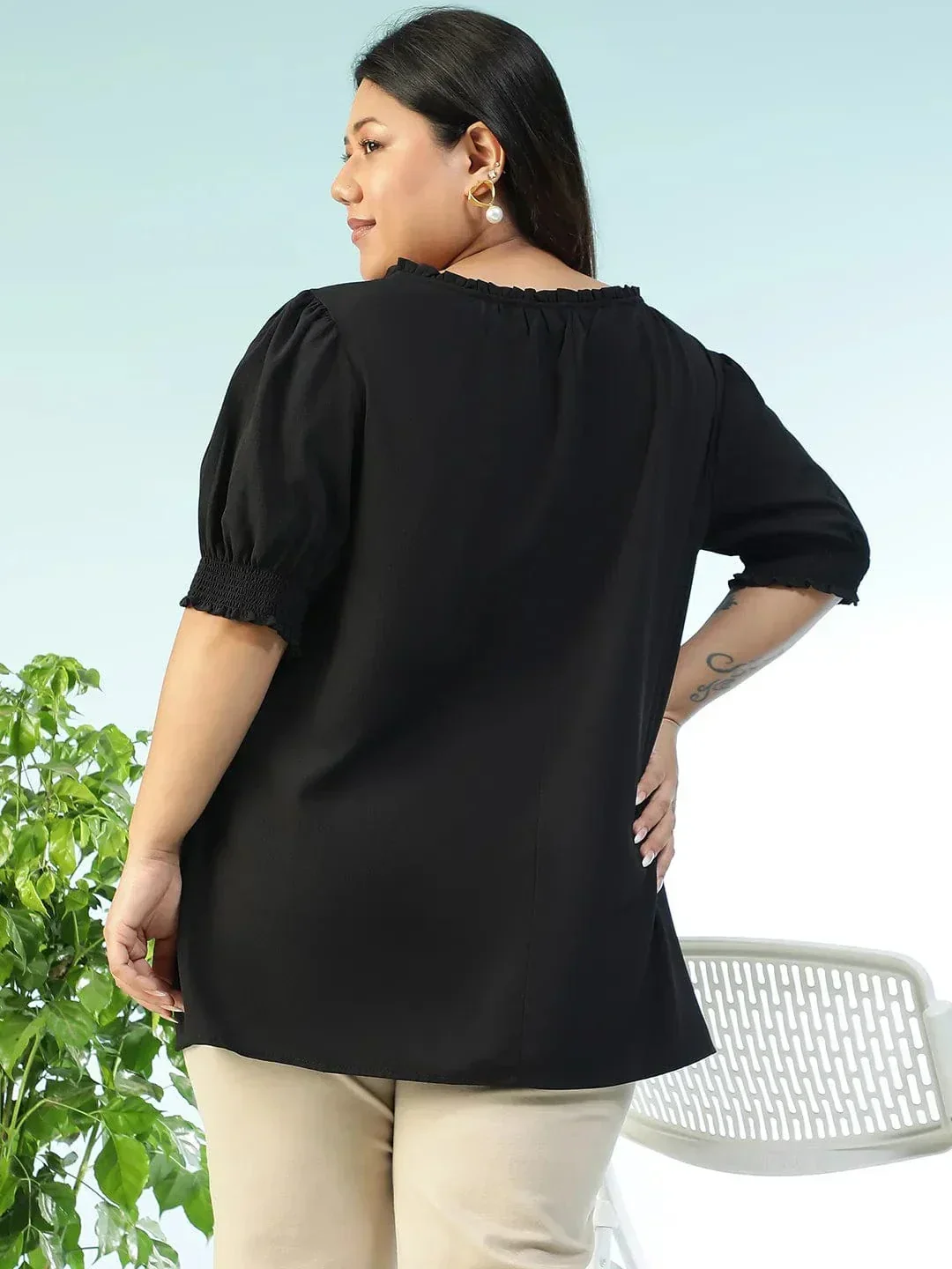 Edgefit Black Ruffle & Tie -Up Detail Short Sleeve Plus Size Women Top - Image 5