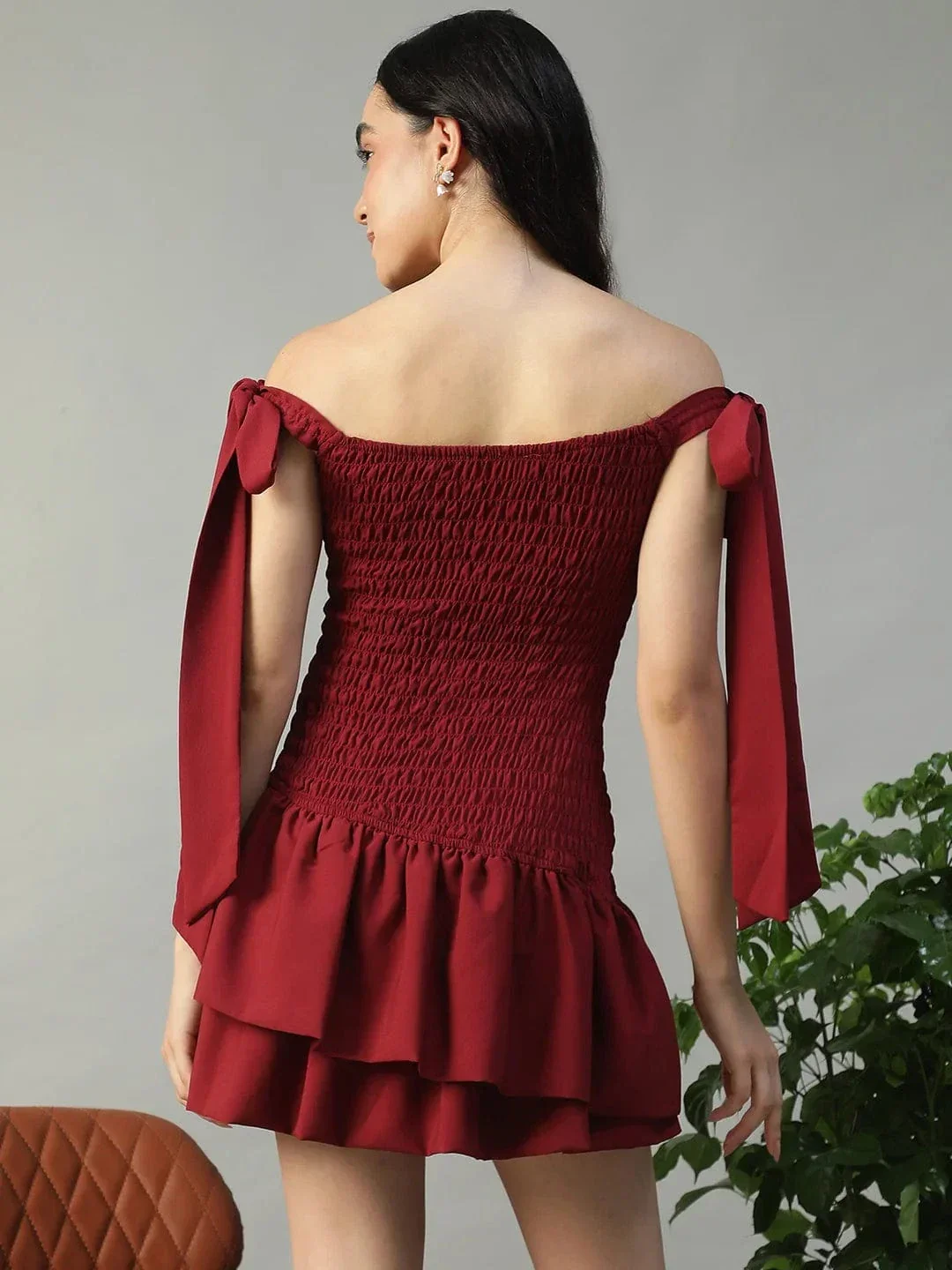Effortless Solid Maroon Women Off Shoulder Cotton Poplin Skater Dress with Smocked Bodice Tie-Up Detail - Image 5