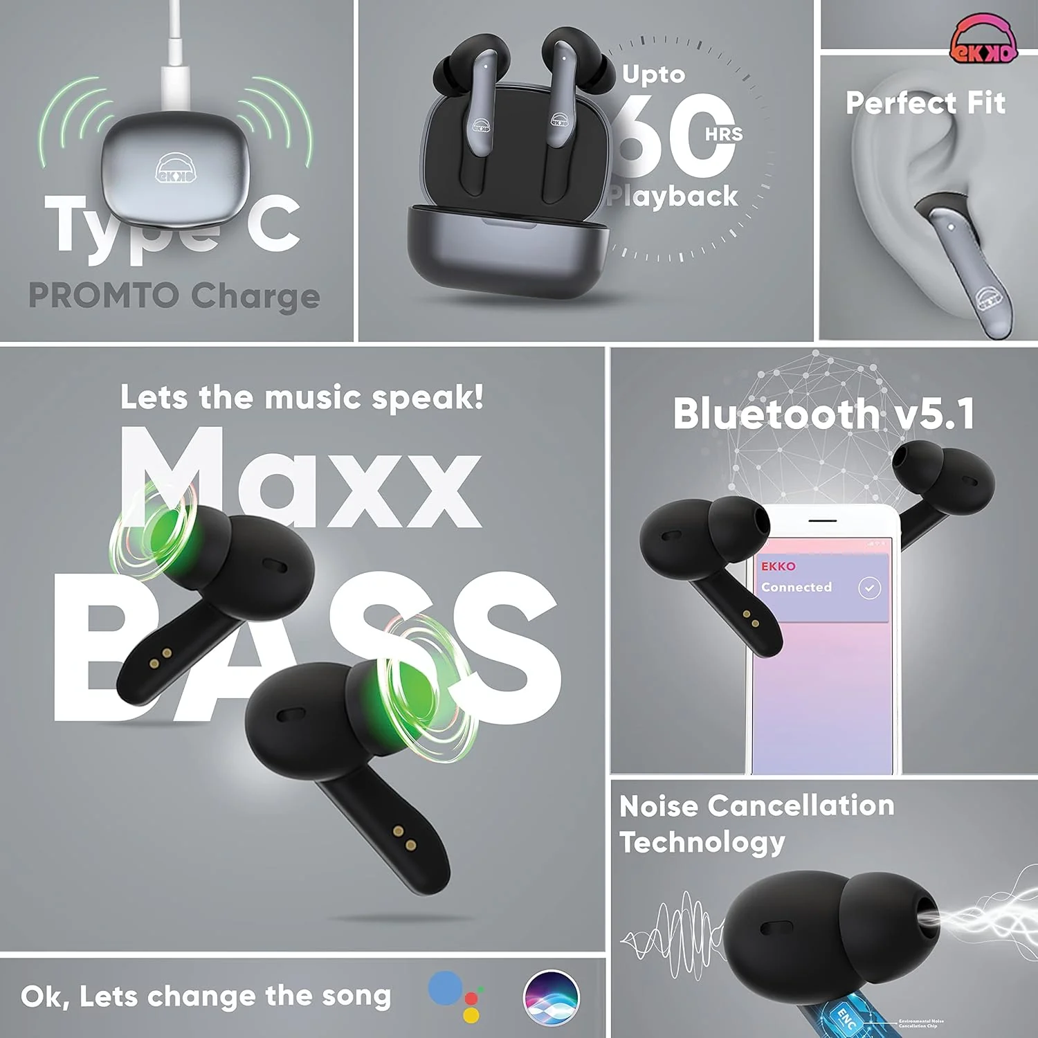 EKKO Earbeats T06: 10MM Driver, ENC Call Noise Cancellation, Touch Control, Massive Bass, IPX4 Water Resistancel TWS, Upto 60H Playtime, with Mic, Massive Bass, IPX4 Water Resistance (Black) - Image 10