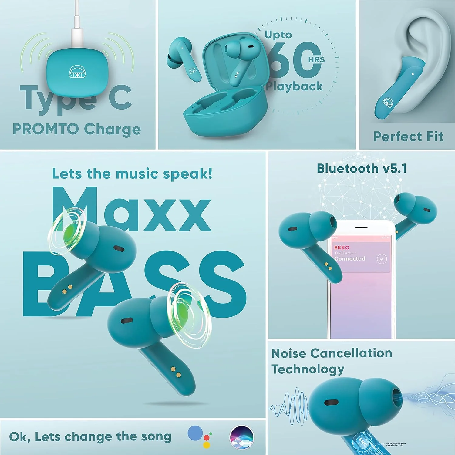 EKKO Earbeats T06: 10MM Driver, ENC Call Noise Cancellation, Touch Control, Massive Bass, IPX4 Water Resistancel TWS, Upto 60H Playtime, with Mic, Massive Bass, IPX4 Water Resistance (Green) - Image 11