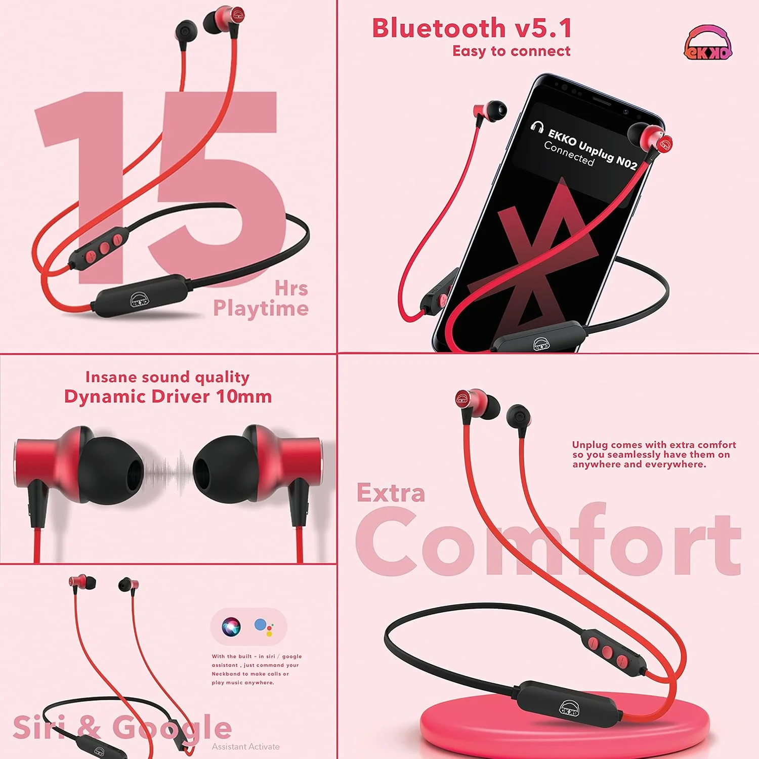 EKKO Unplug N02 Neckband with Super Sound Heavy Bass, Playback time Upto 15 Hours, Max BASS, TwinConnect, Siri & Google Assistant Activate (Red) - Image 2