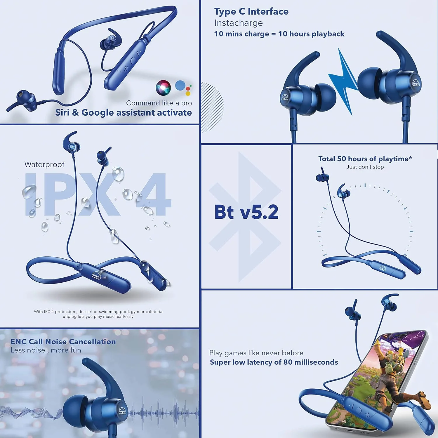 EKKO Unplug N05 Neckband, 50 Hours Playback Time 10 mm Driver Size, Bluetooth V5.2, Quick Charging, IPX4 Protection, SIRI & Google Assistant - Image 2