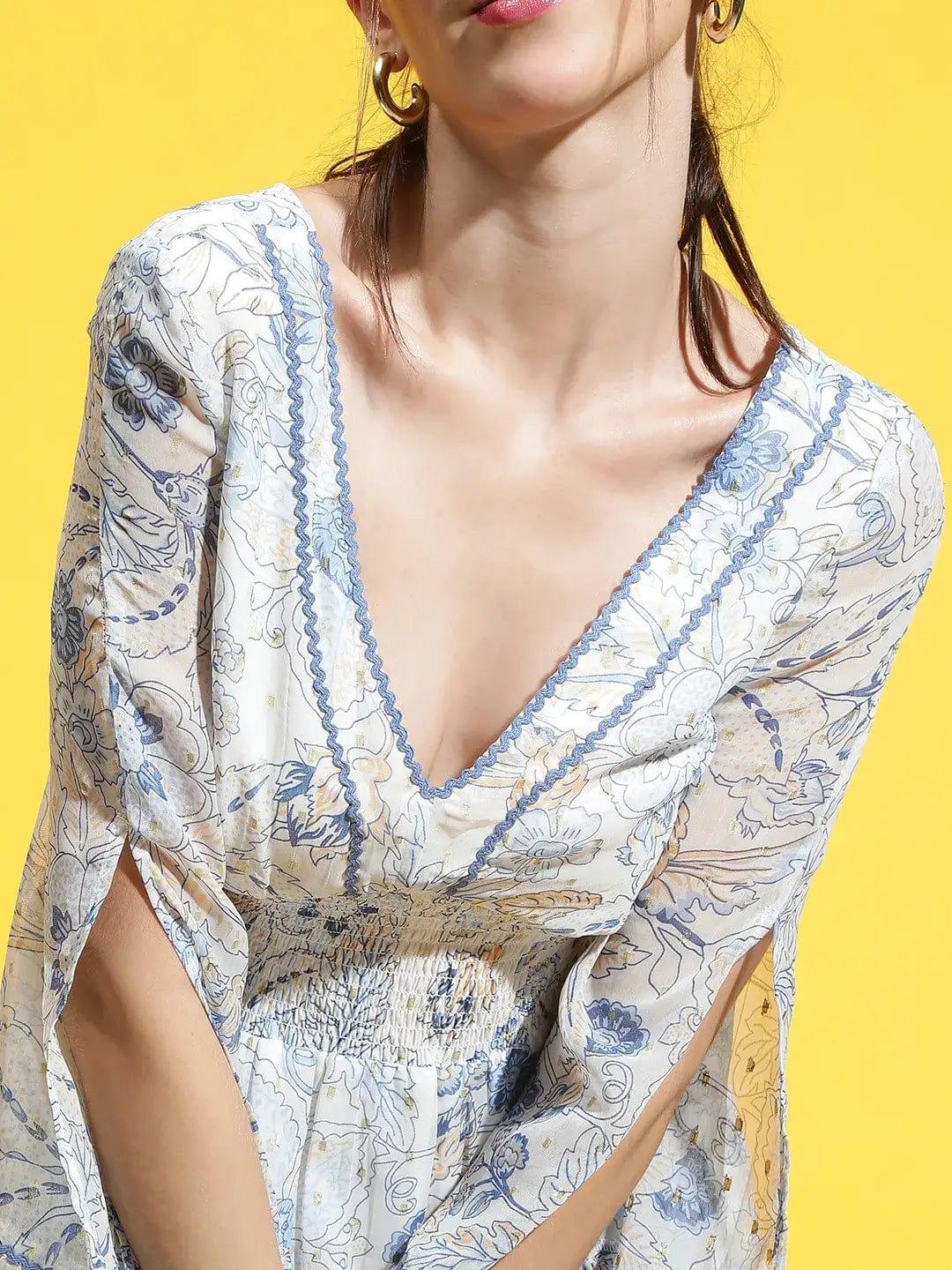 Electric Floral Print White Smocked Lace Detailed Women Dress - Image 6