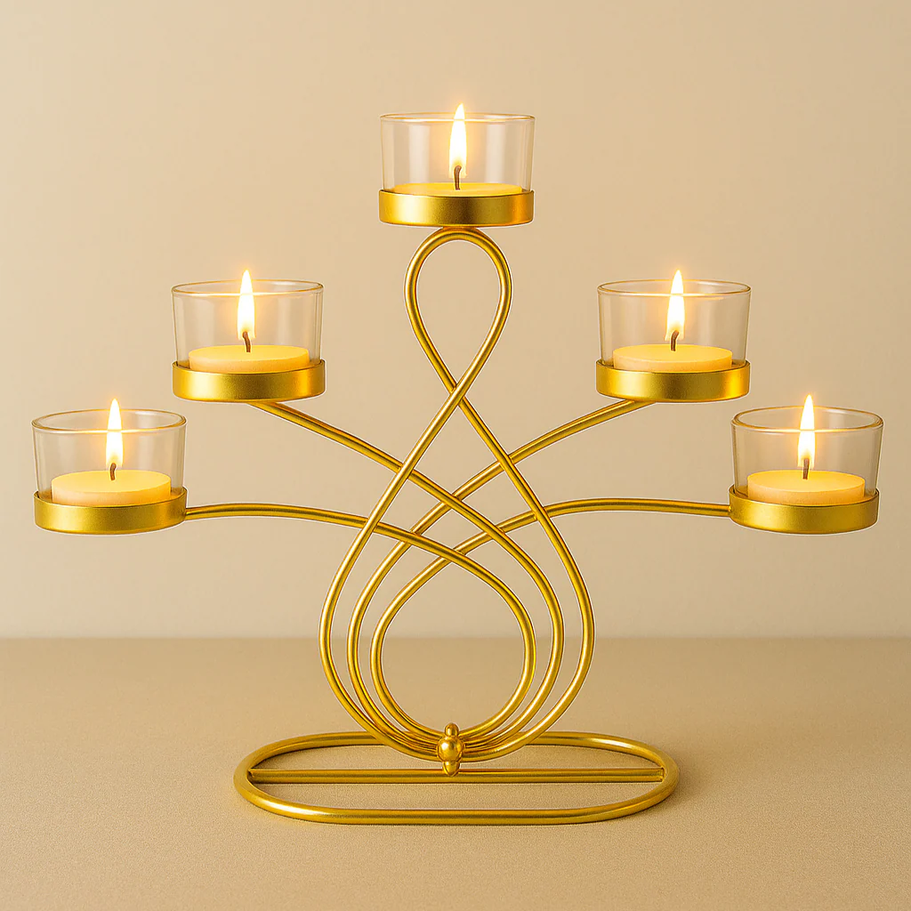 Elegant 5-Arm T-Light Candle Holder | Gold Metal Stand with Glass Cups | Home Décor Accent - Image 2