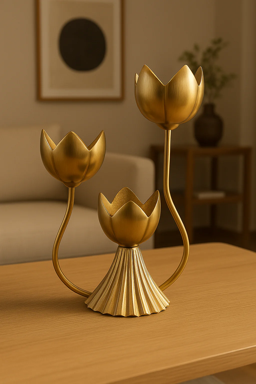 Elegant Brass Lotus Flower Candle Stand – 3-Arm Decorative Candelabra for Home Décor - Image 3