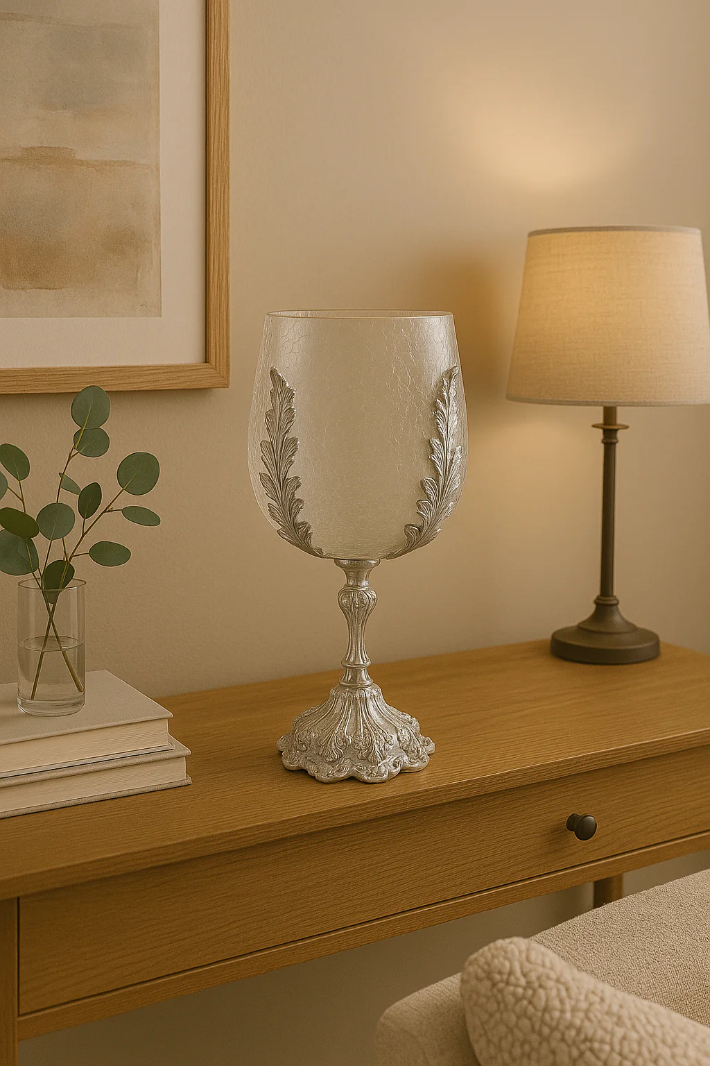 Elegant Crackle Glass Candle Holder Stand with Ornate Silver Base - Image 4