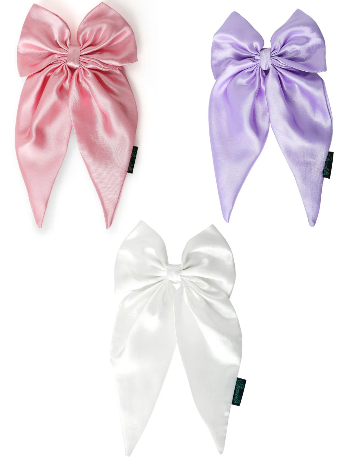 Elegant Satin Long Tail Bow Set in Pink, Lilac & Pearl - Image 3