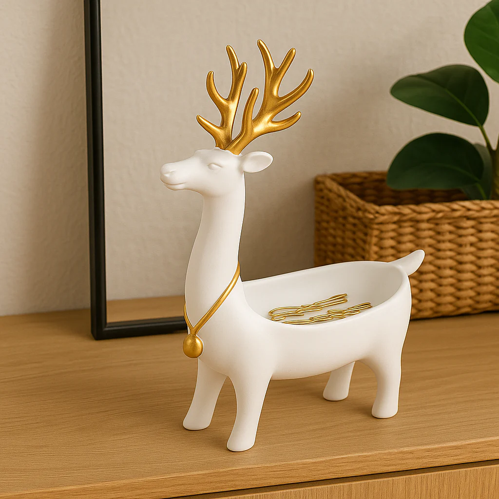 Elegant White Resin Reindeer Jewelry & Accessory Holder – 30x28x12 cm – Gold Antlers – Multi-Purpose Decorative Organizer - Image 2