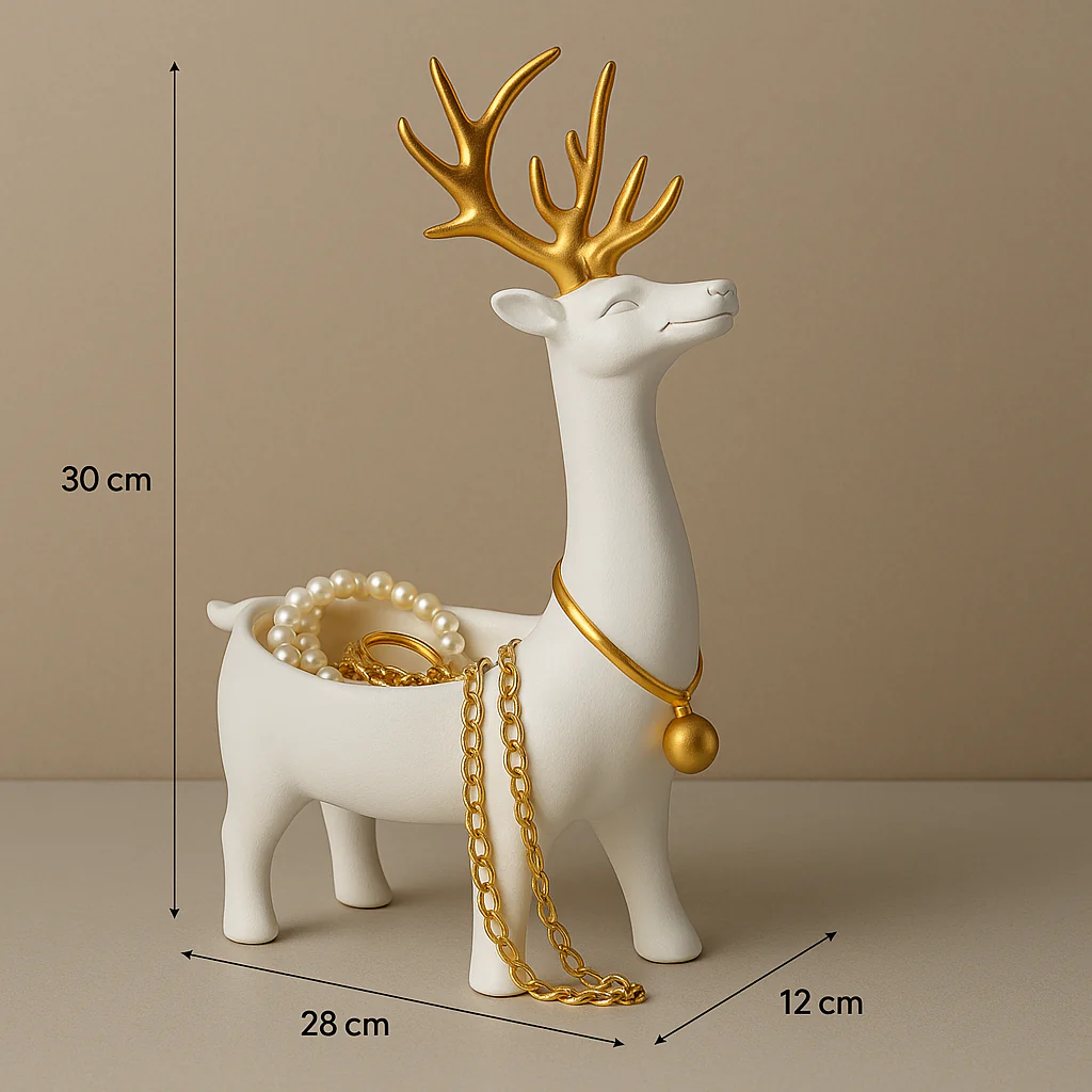 Elegant White Resin Reindeer Jewelry & Accessory Holder – 30x28x12 cm – Gold Antlers – Multi-Purpose Decorative Organizer - Image 3
