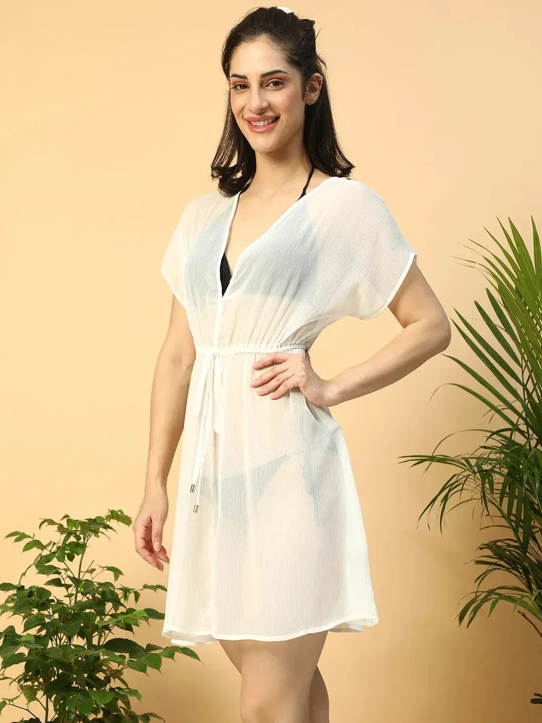 Elite Solid White Short Elasticated Tie-Up Detail Women Beachwear Kaftan - Image 4