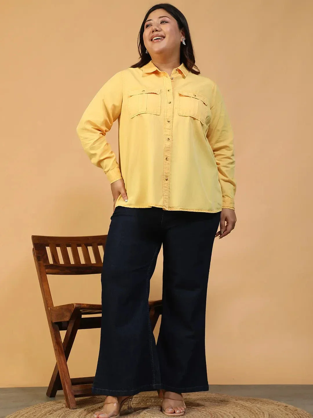 Enchanted Yellow Collared Long Sleeve Button Down Plus Size Women Cotton Shirt - Image 2
