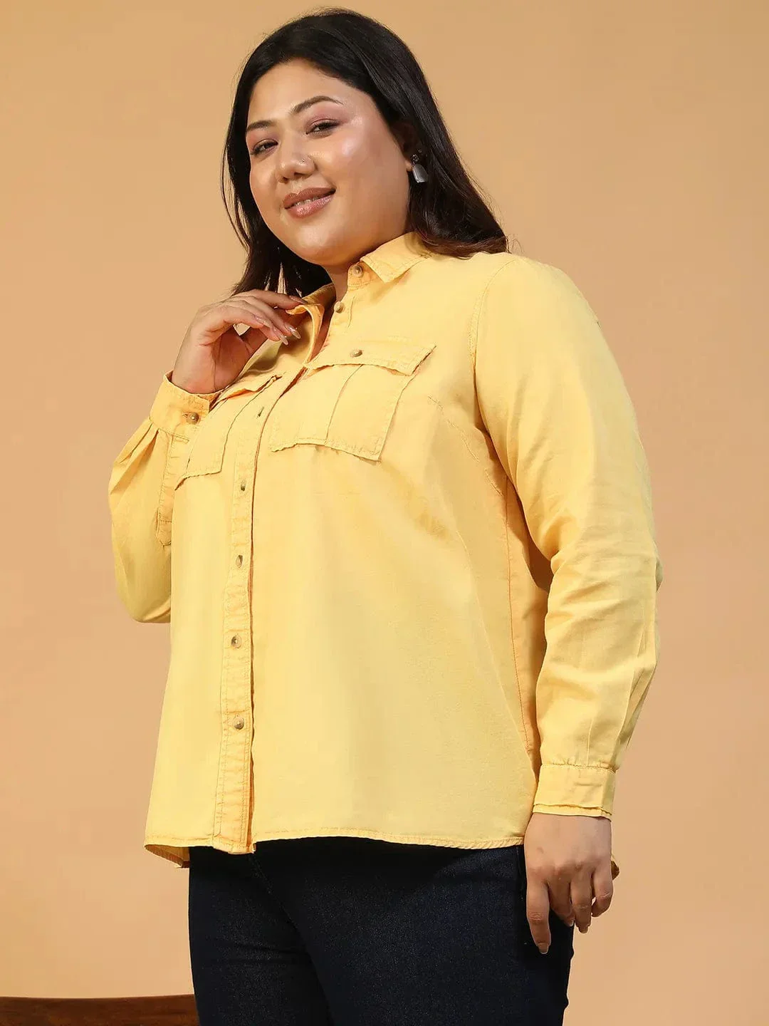 Enchanted Yellow Collared Long Sleeve Button Down Plus Size Women Cotton Shirt - Image 3