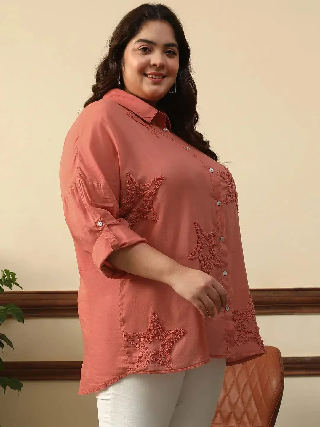 Enhanced Rust Long Sleeve Embroidered Button Down Plus Size Women Cotton Shirt - Image 4