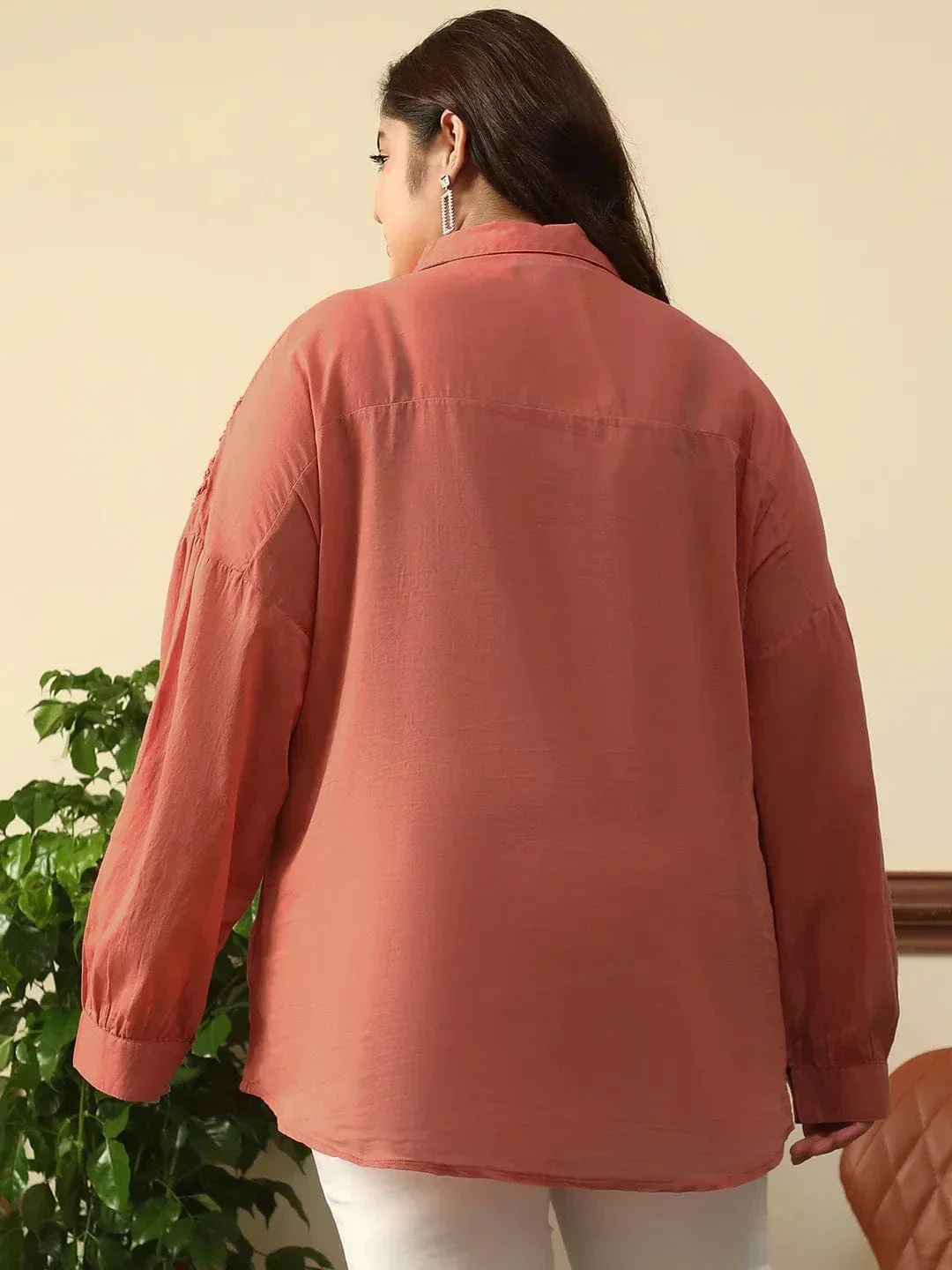 Enhanced Rust Long Sleeve Embroidered Button Down Plus Size Women Cotton Shirt - Image 5