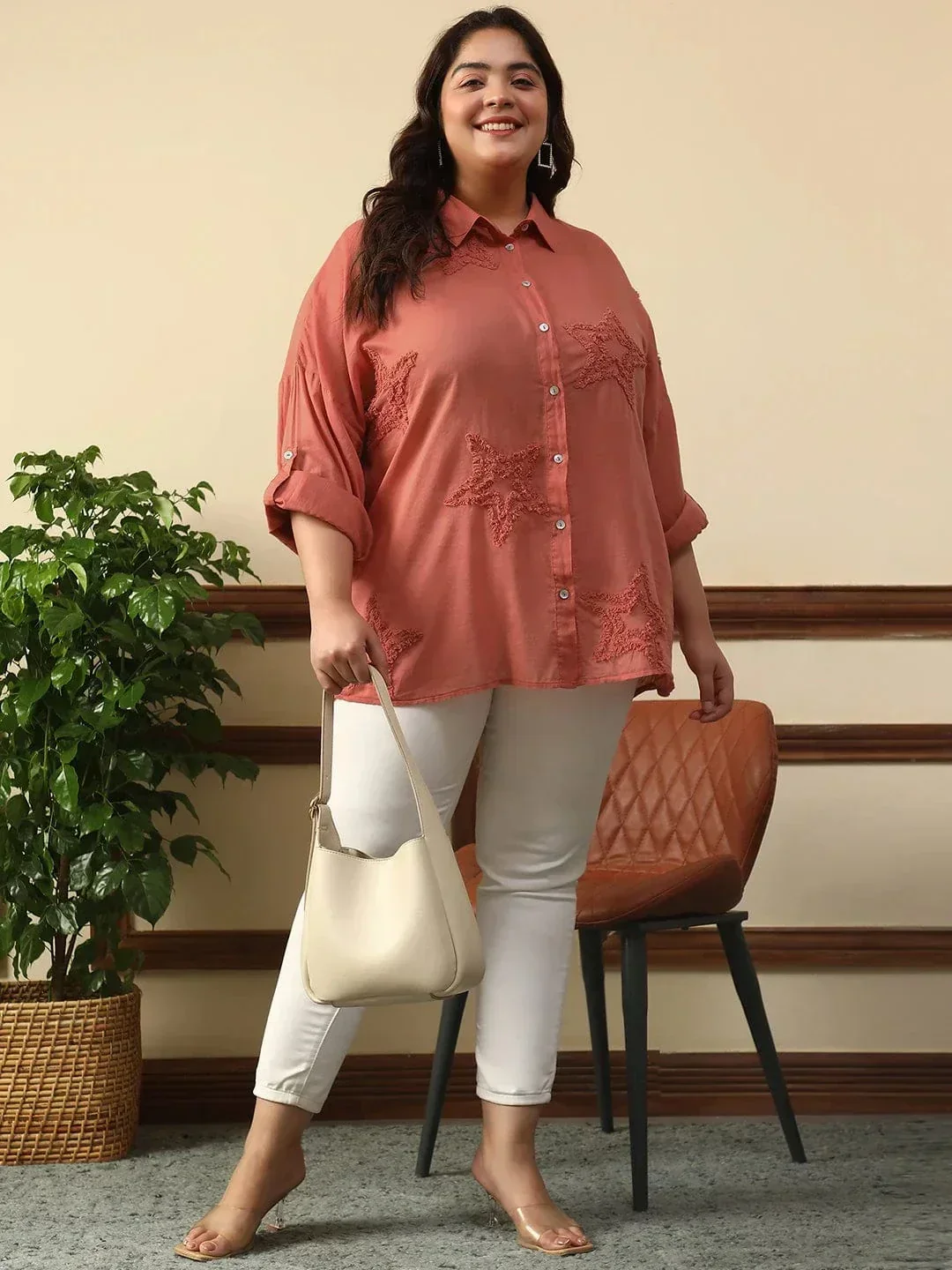 Enhanced Rust Long Sleeve Embroidered Button Down Plus Size Women Cotton Shirt - Image 7