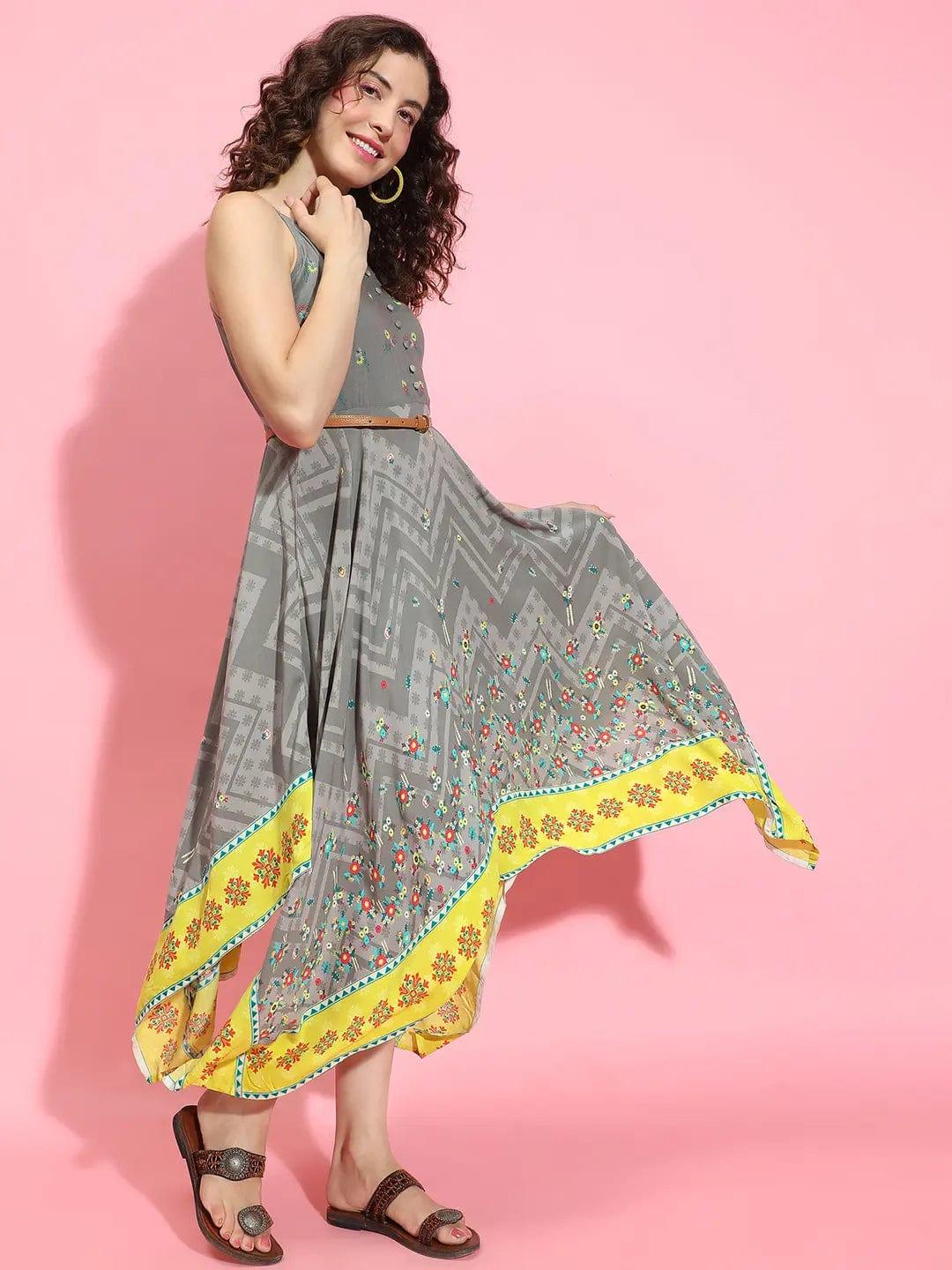 Envisioned Grey Printed High-Low Strappy Women Dress - Image 4