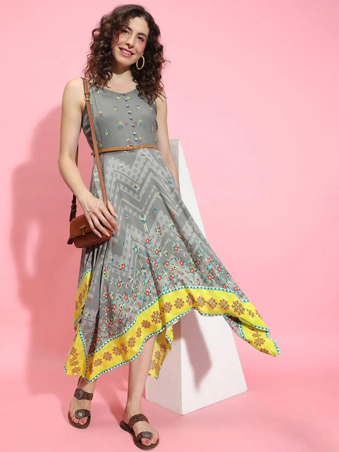 Envisioned Grey Printed High-Low Strappy Women Dress - Image 7