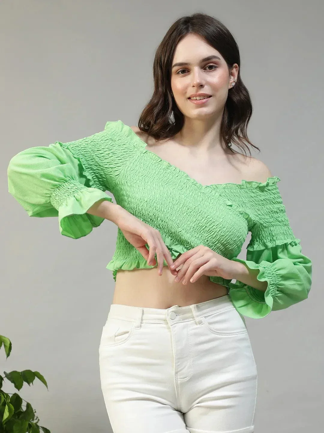 Envy Solid Green Off-Shoulder Long Sleeve Smocked Women Crop Top
