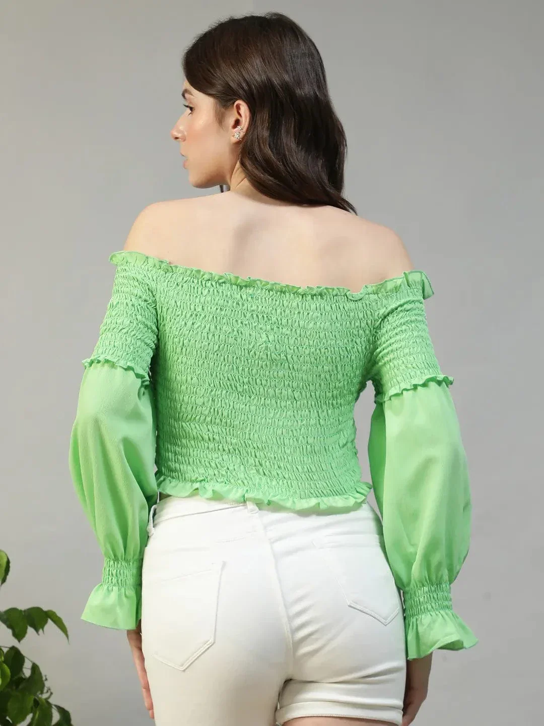 Envy Solid Green Off-Shoulder Long Sleeve Smocked Women Crop Top - Image 6