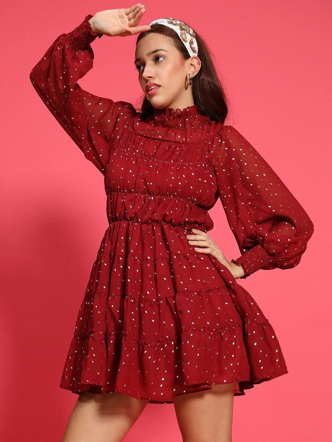 Epic Maroon Foil Print Long Sleeve Ruffle Detail Women Dress - Image 3