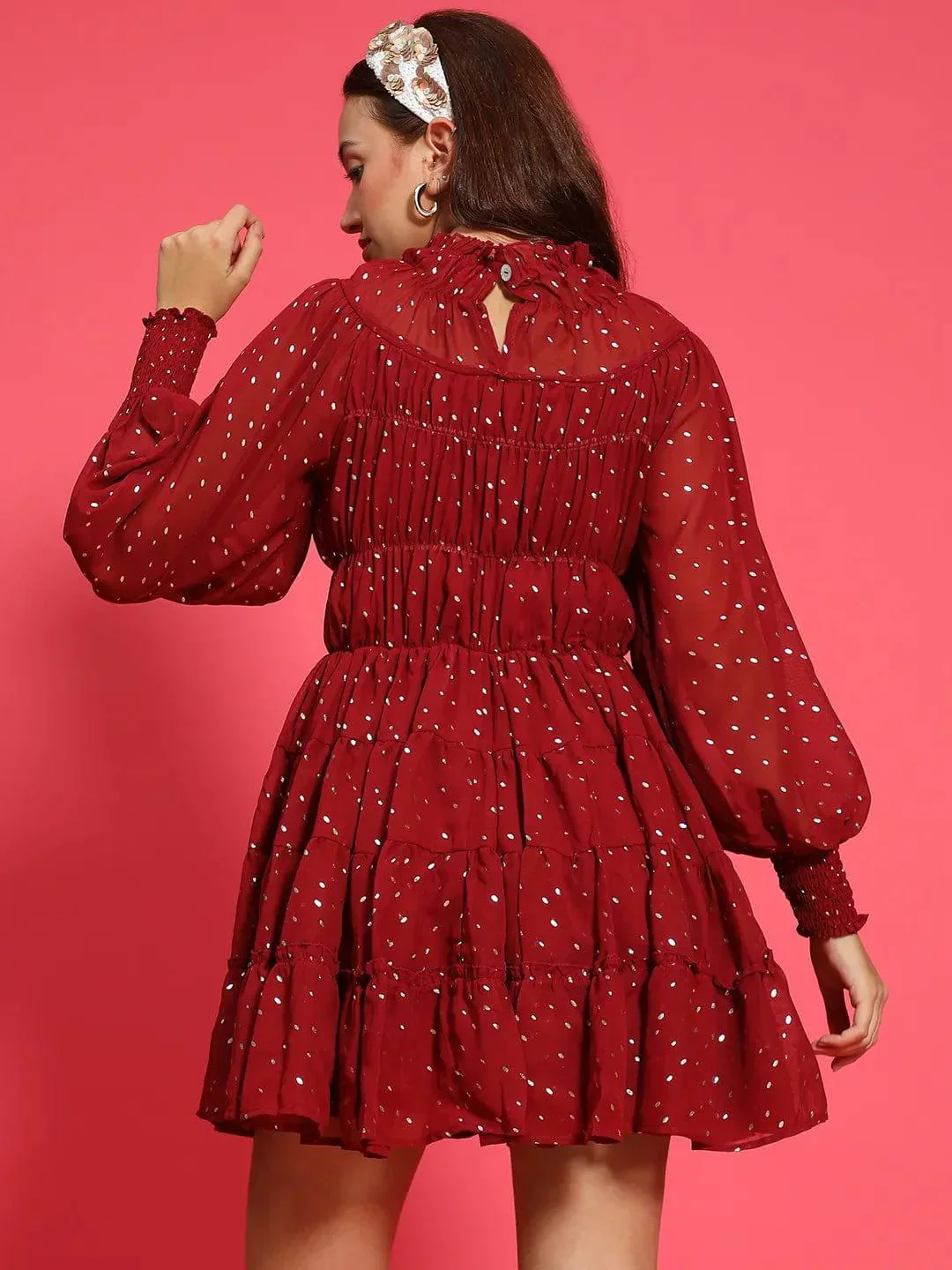 Epic Maroon Foil Print Long Sleeve Ruffle Detail Women Dress - Image 5