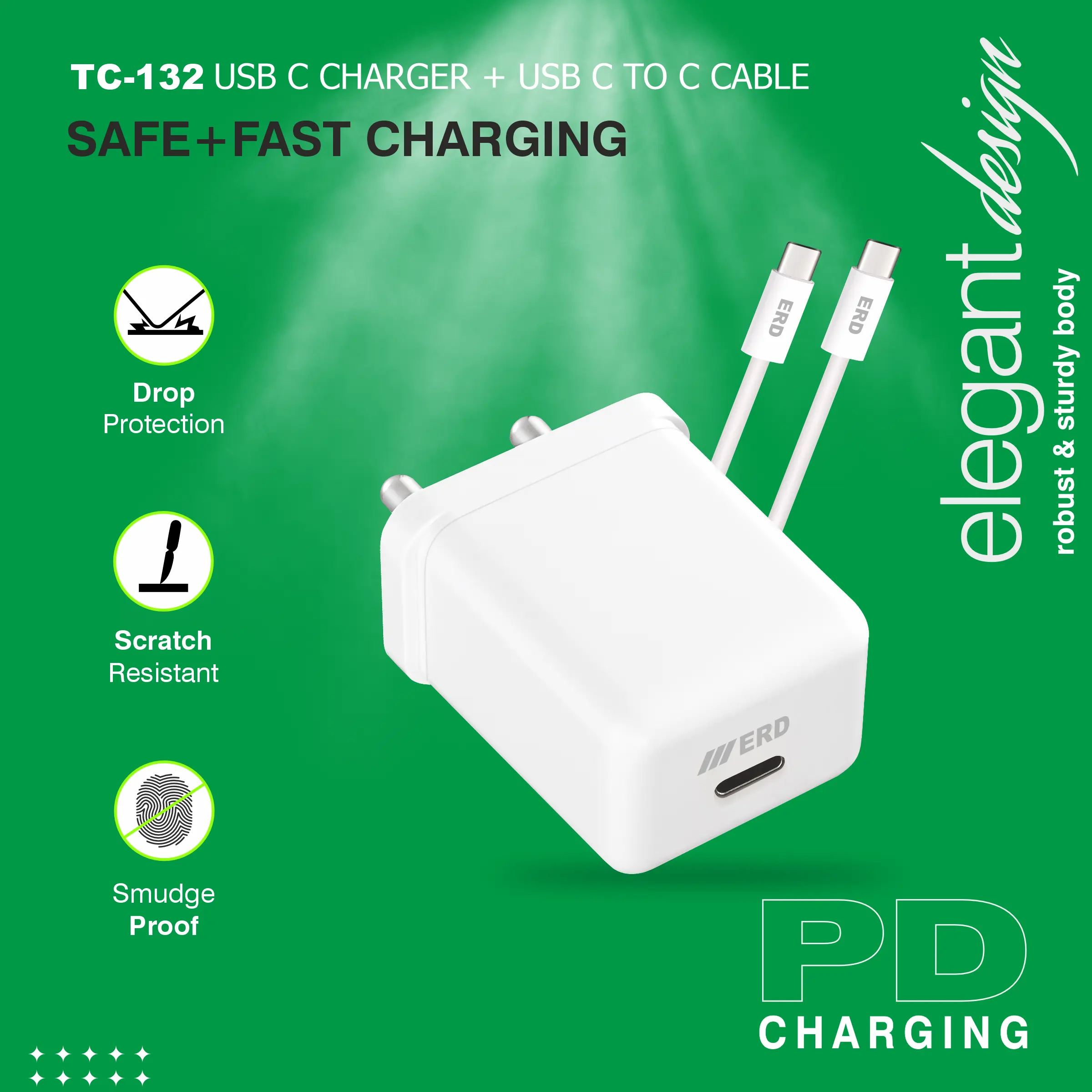 ERD TC-132 CHARGER+USB-C TO C PD WHT 25W - Image 4