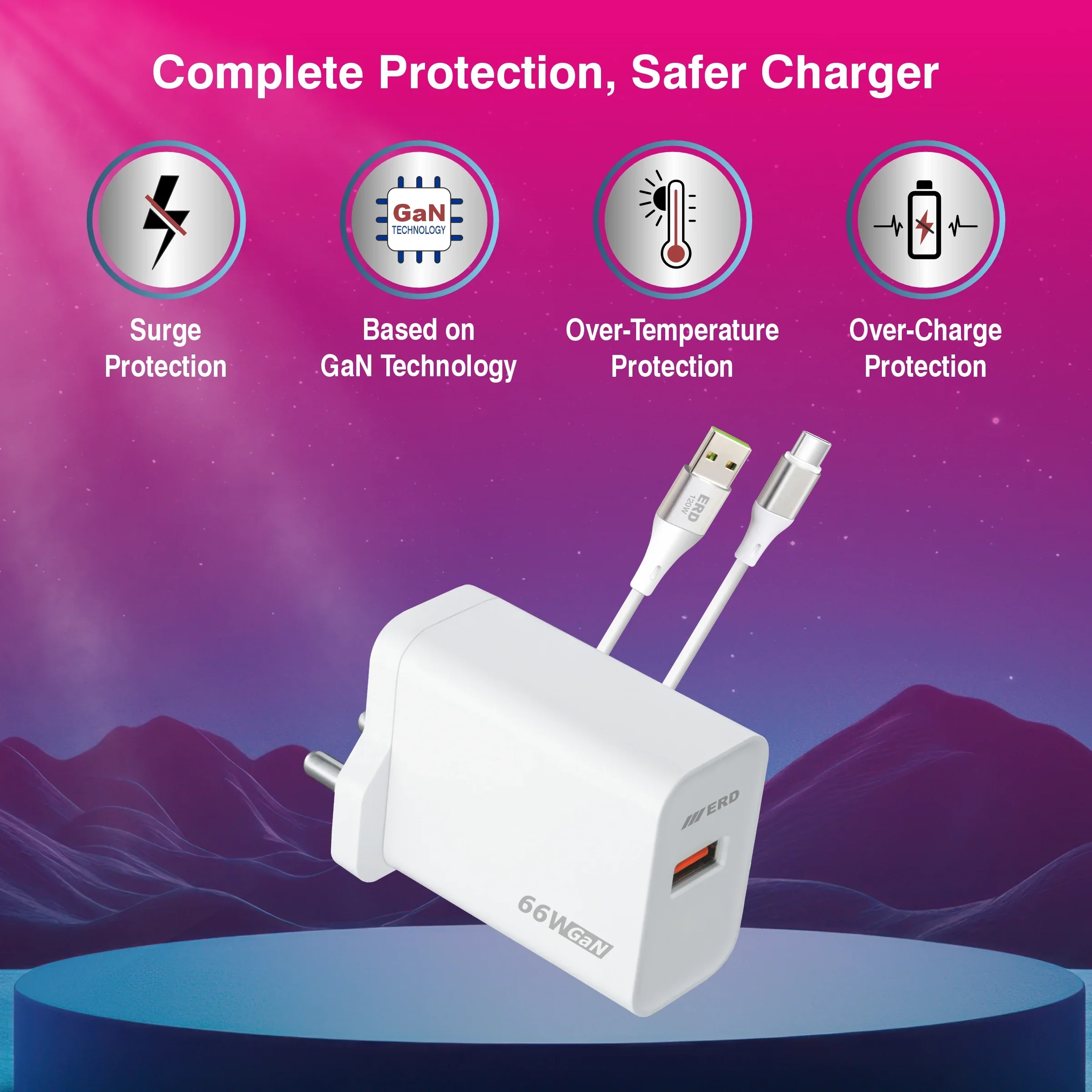 ERD TC-163 USB-A GaN Charger With USB-C Cable, 66W - Image 3