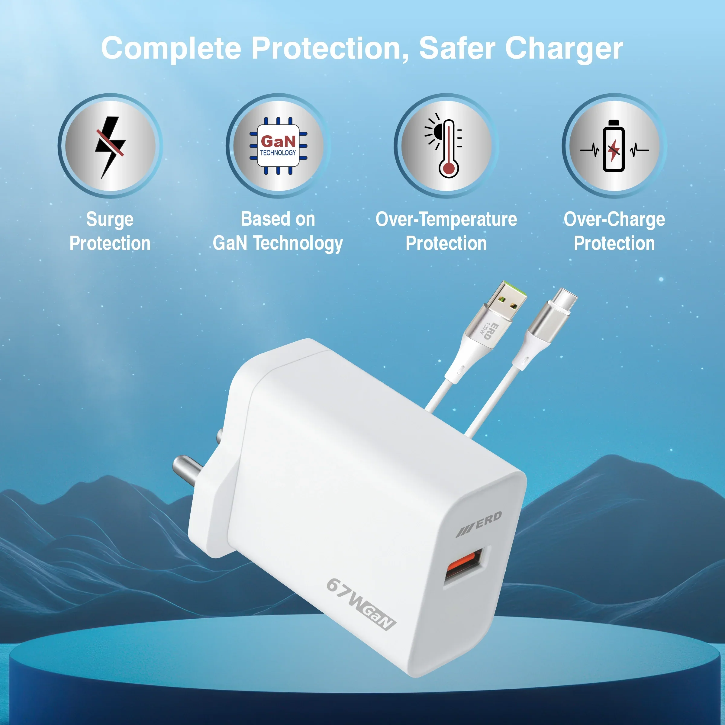 ERD TC-164 USB-A GaN Charger With USB-C Cable, 67W - Image 3