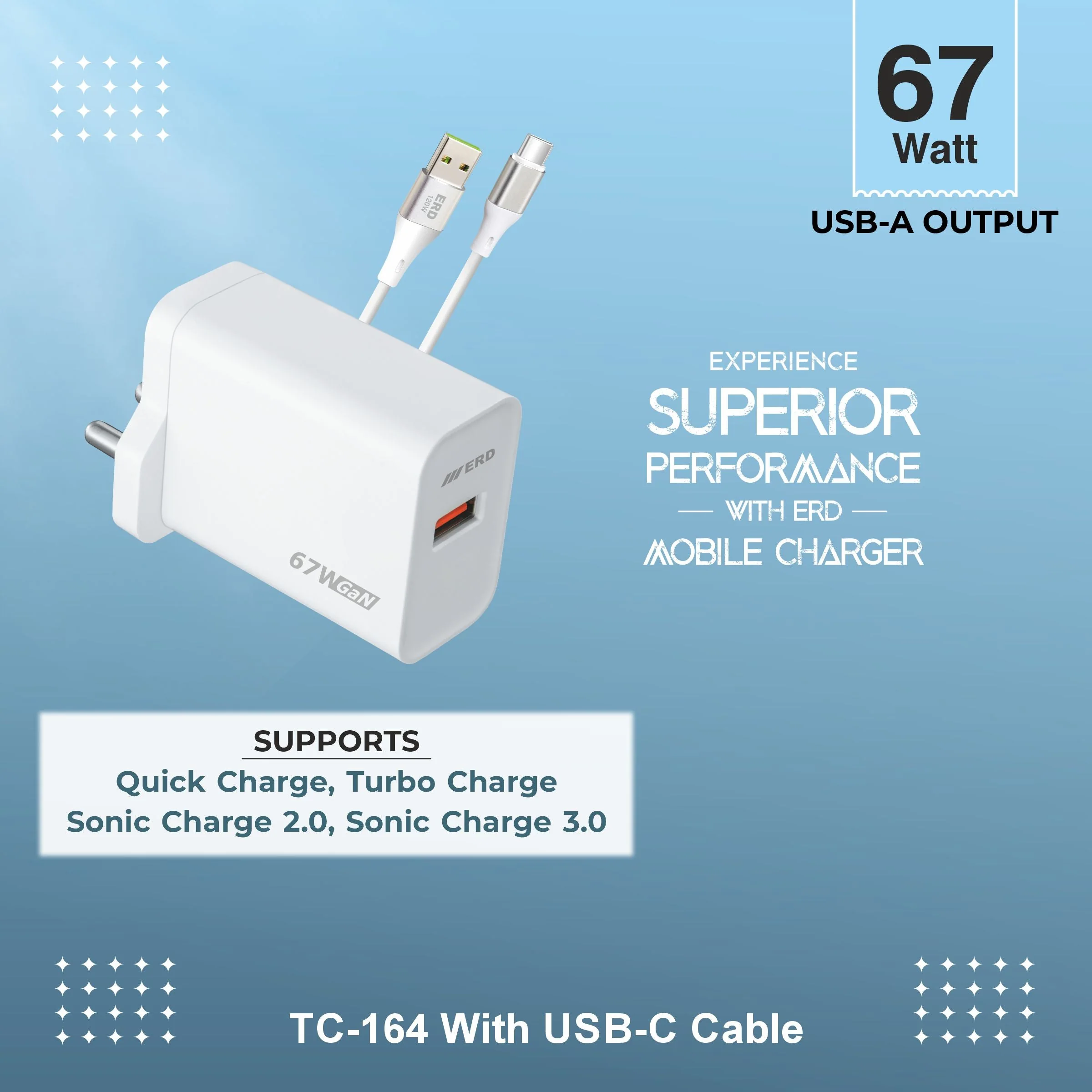 ERD TC-164 USB-A GaN Charger With USB-C Cable, 67W - Image 4