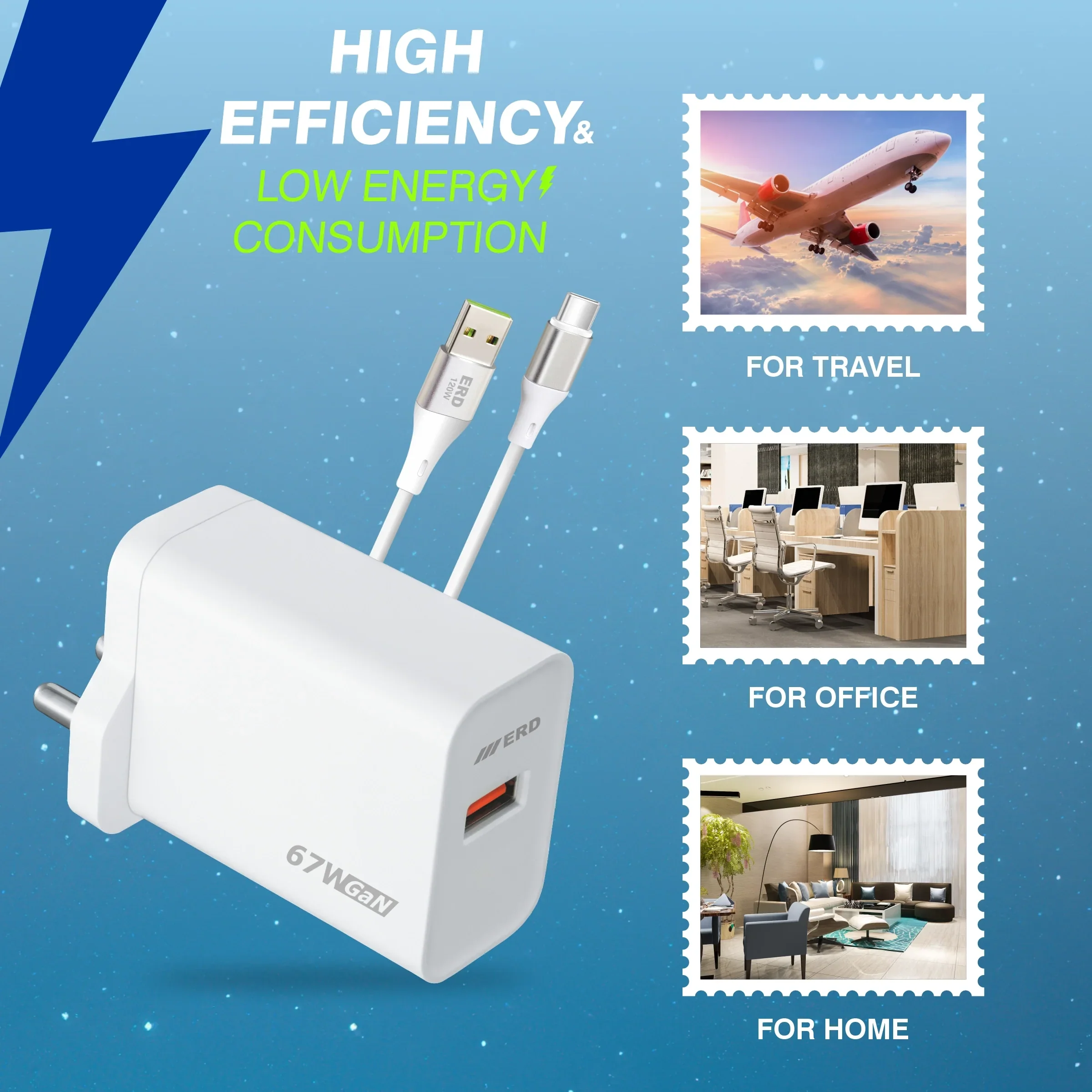 ERD TC-164 USB-A GaN Charger With USB-C Cable, 67W - Image 6