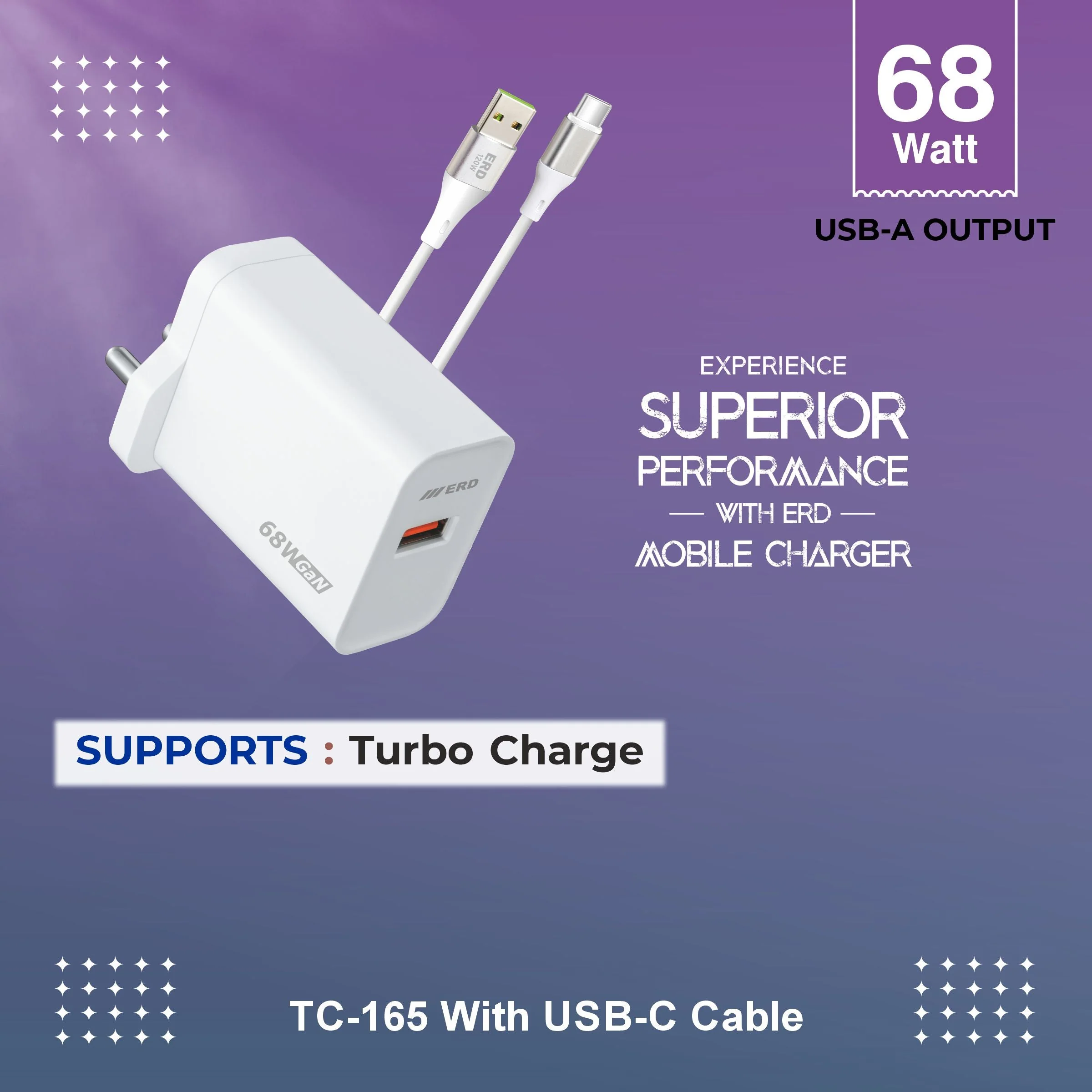 ERD TC-165 USB-A GaN Charger With USB-C Cable, 68W - Image 4