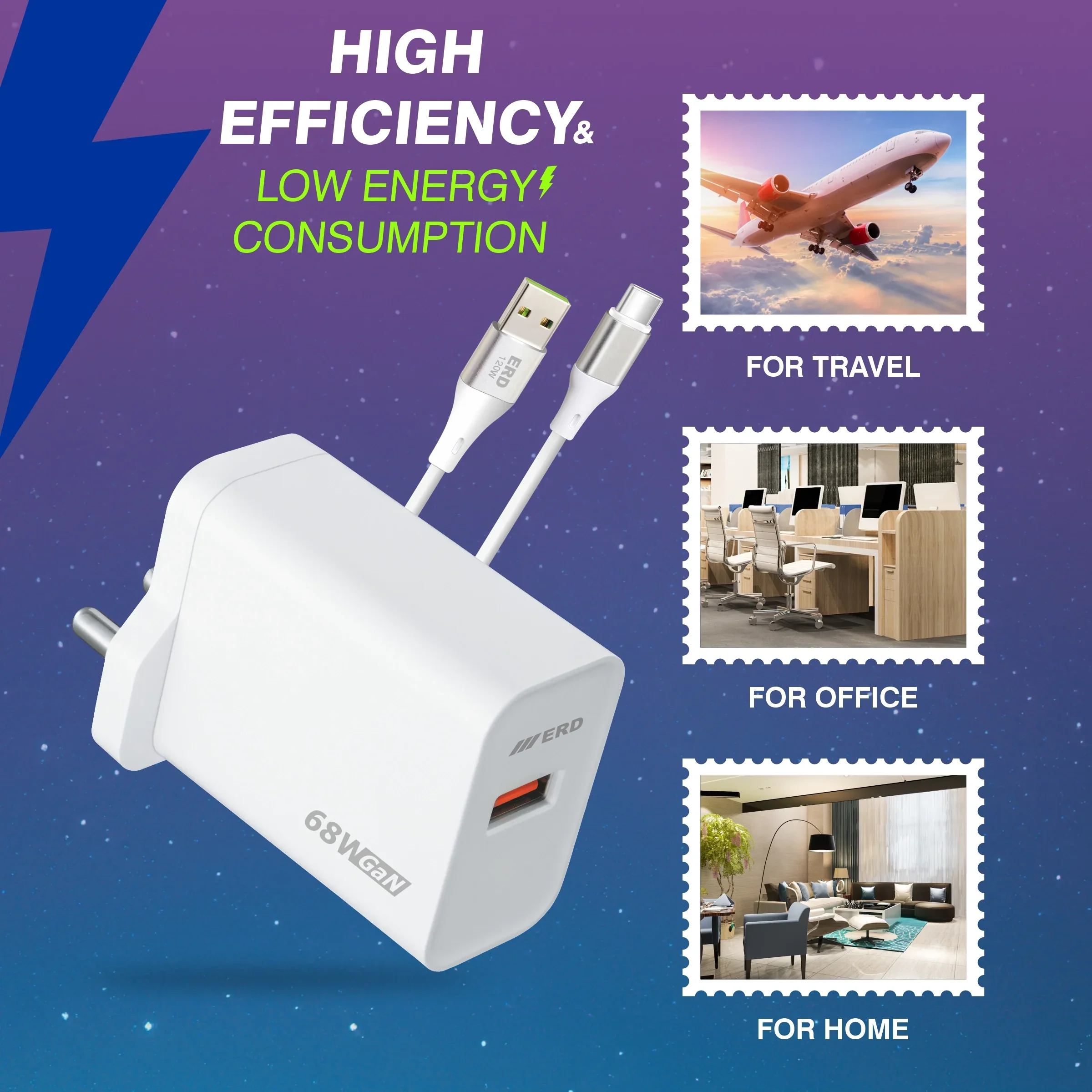 ERD TC-165 USB-A GaN Charger With USB-C Cable, 68W - Image 6