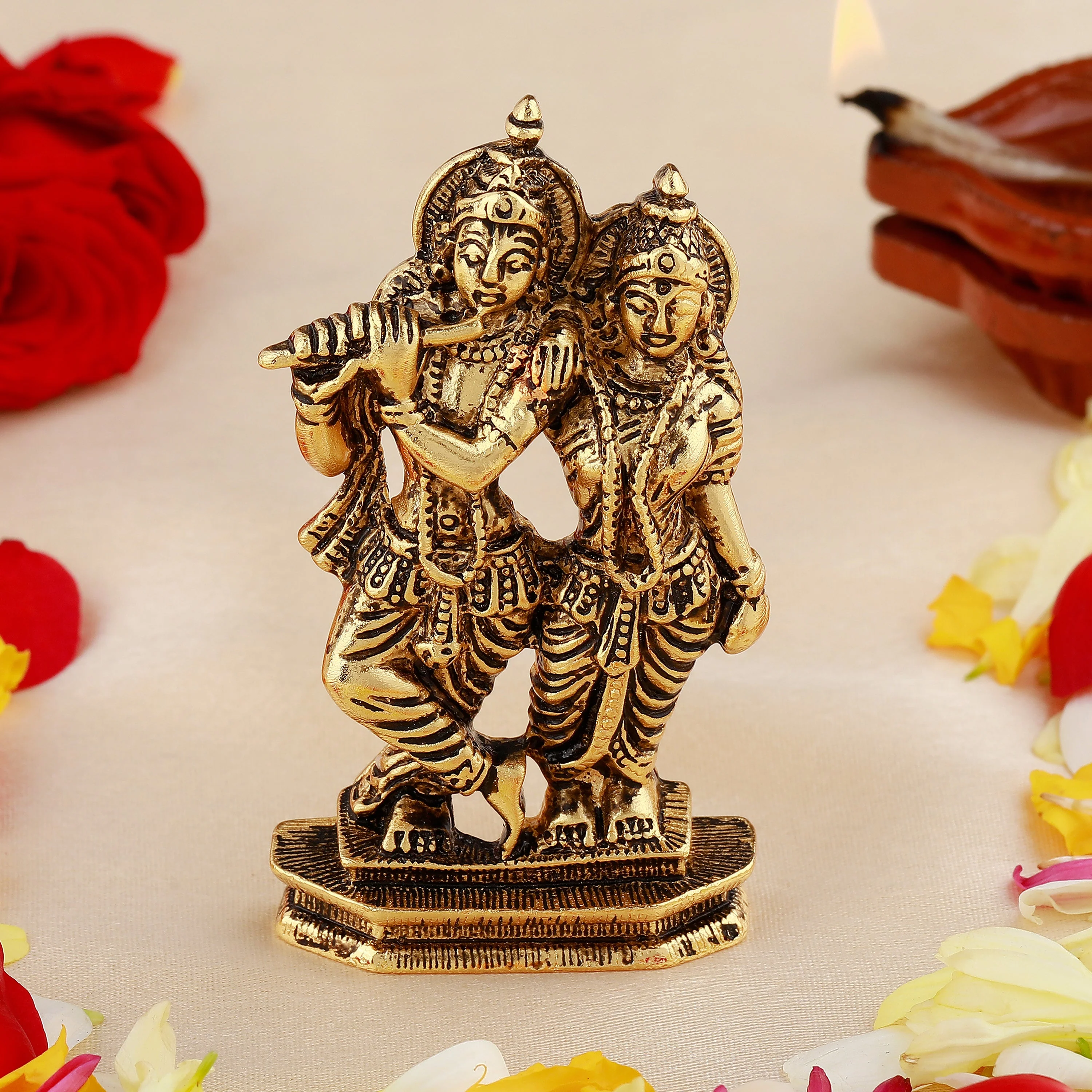 Estele Gold Plated Antique Devotional Shree Radha Krishna Idol For Home/Car Decor.