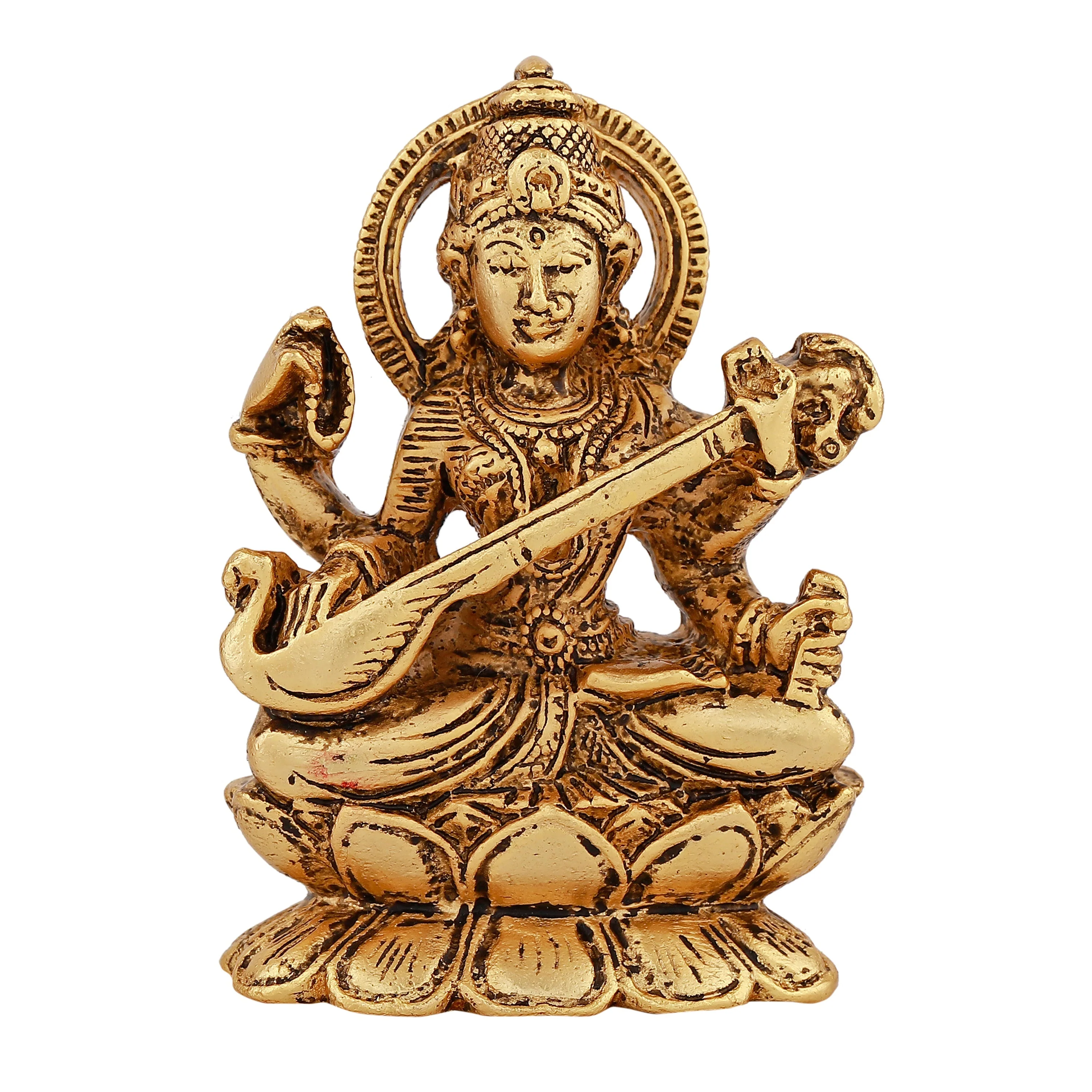 Estele Gold-Plated Antique Goddess Of Knowledge Sarasvati Ma Idol For Home & Car Decor. - Image 2