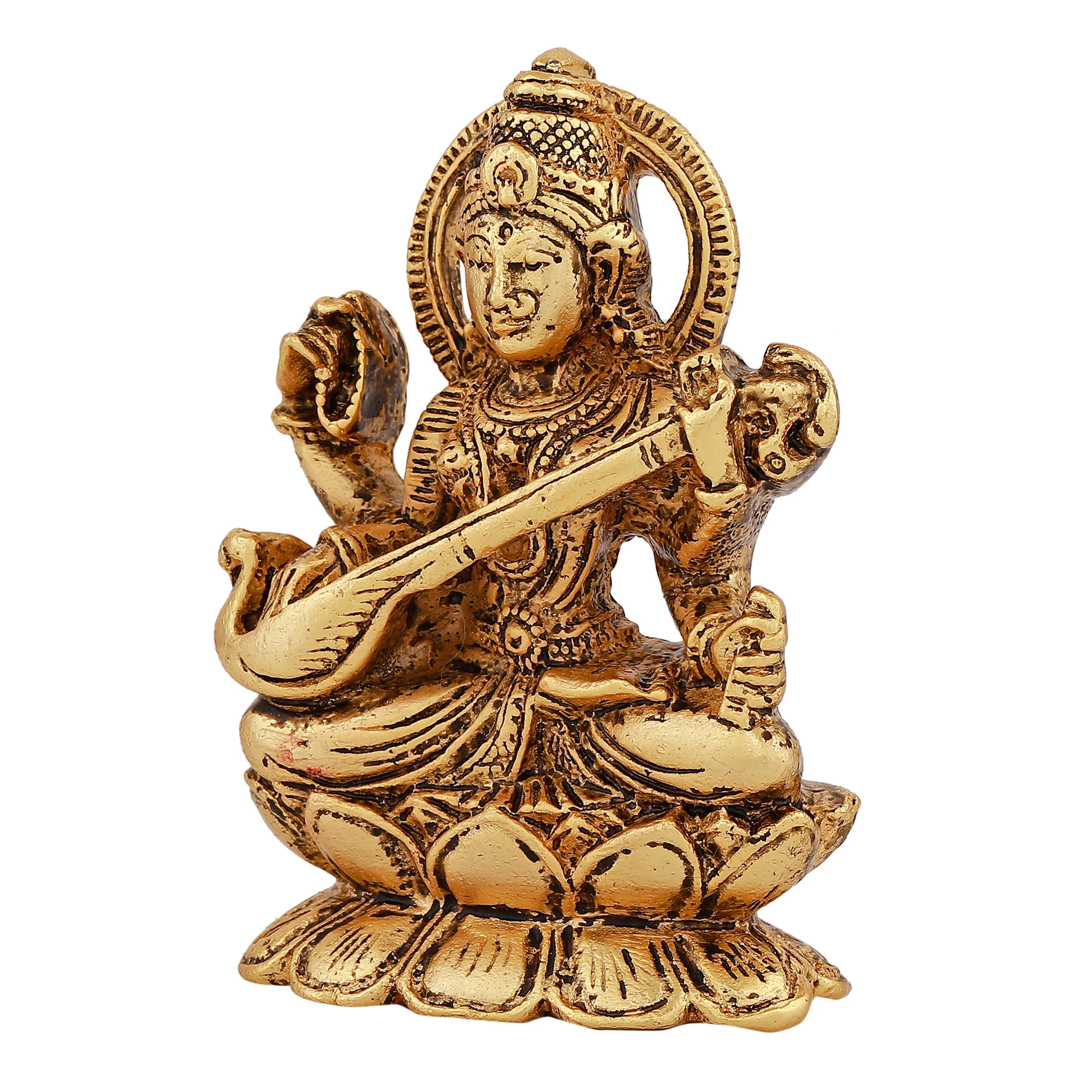 Estele Gold-Plated Antique Goddess Of Knowledge Sarasvati Ma Idol For Home & Car Decor. - Image 3
