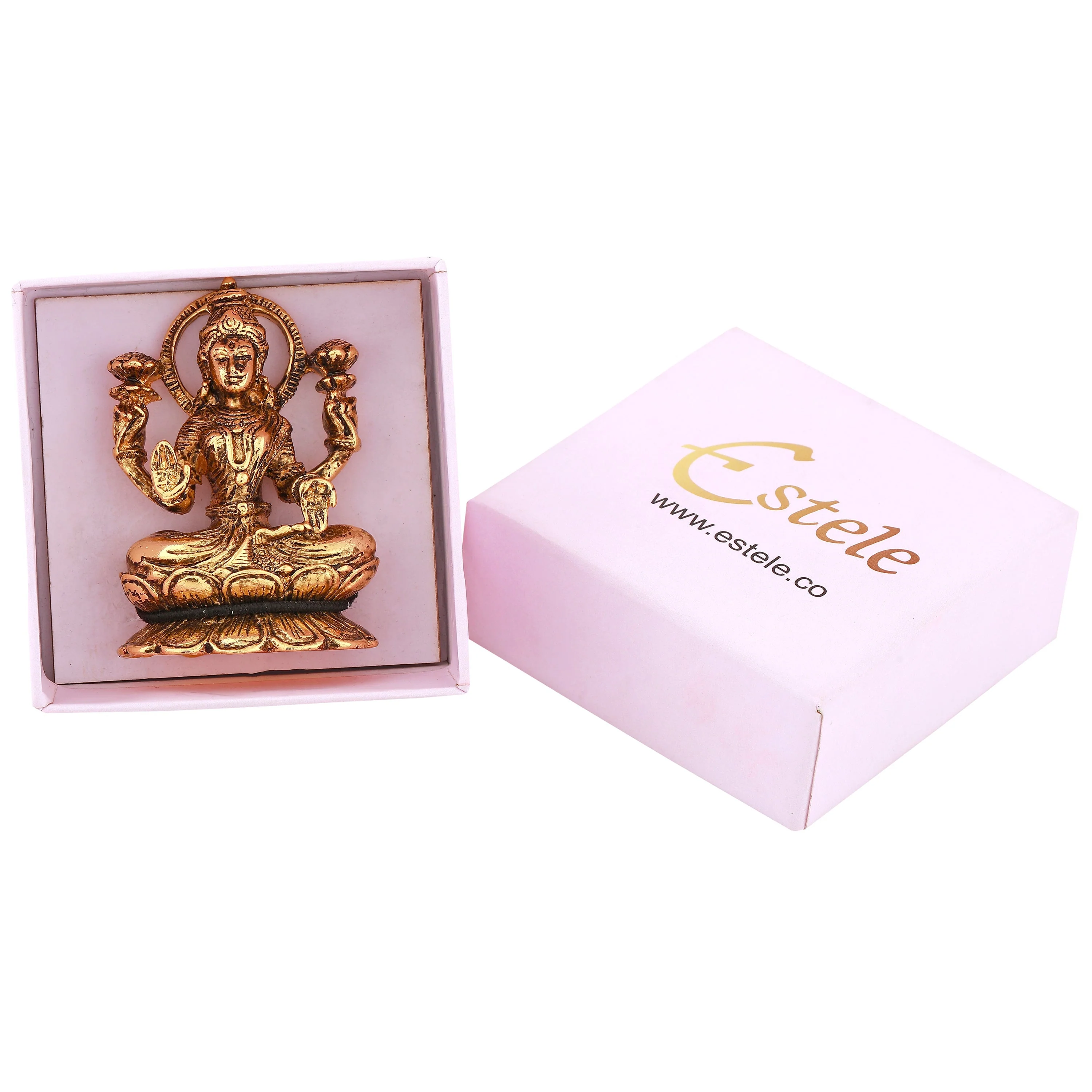Estele Gold-Plated Antique Goddess Of Wealth Laxmi Devi On Lotus Idol For Home/Car Decor - Image 6